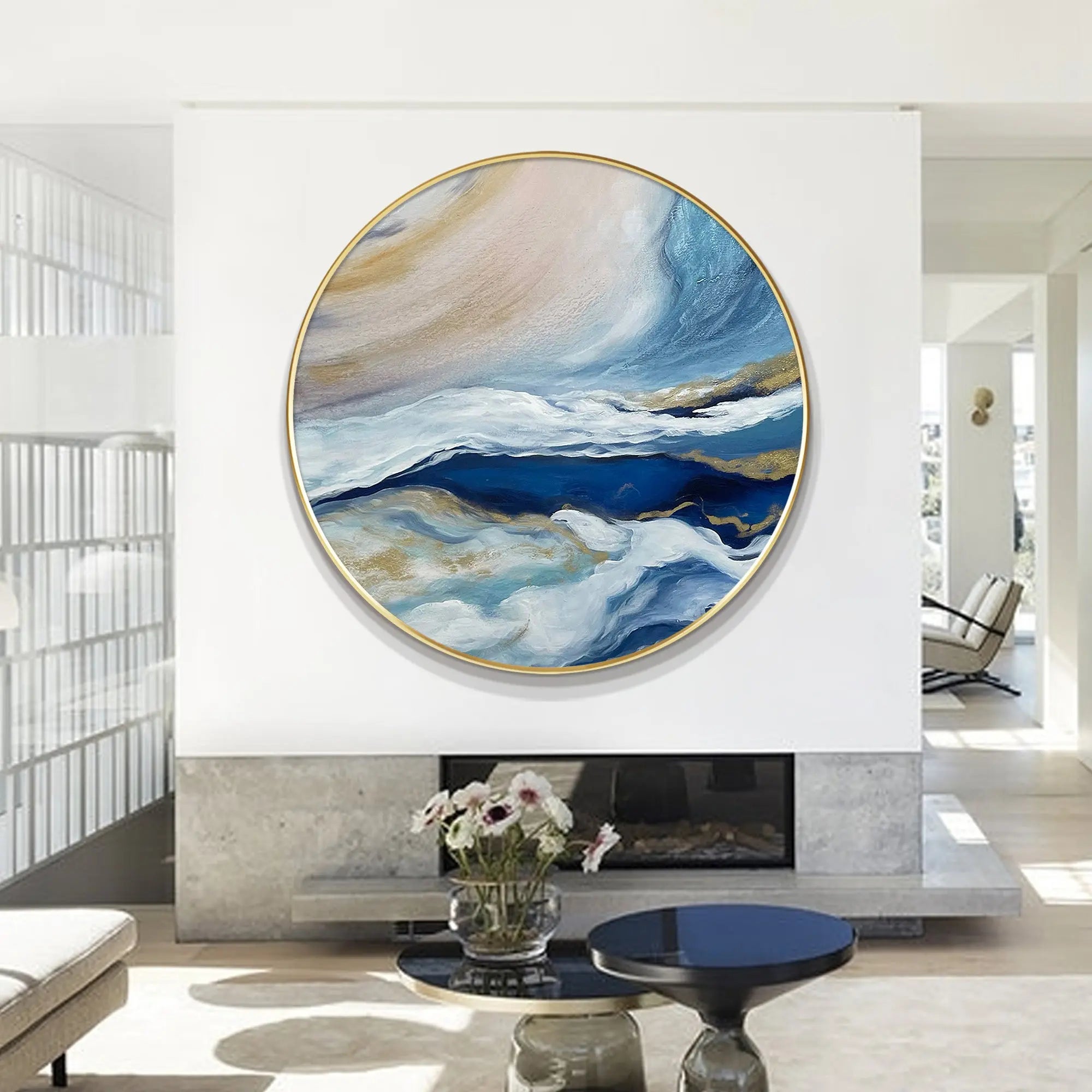 Round Abstract Blue Sea Painting RIDYART