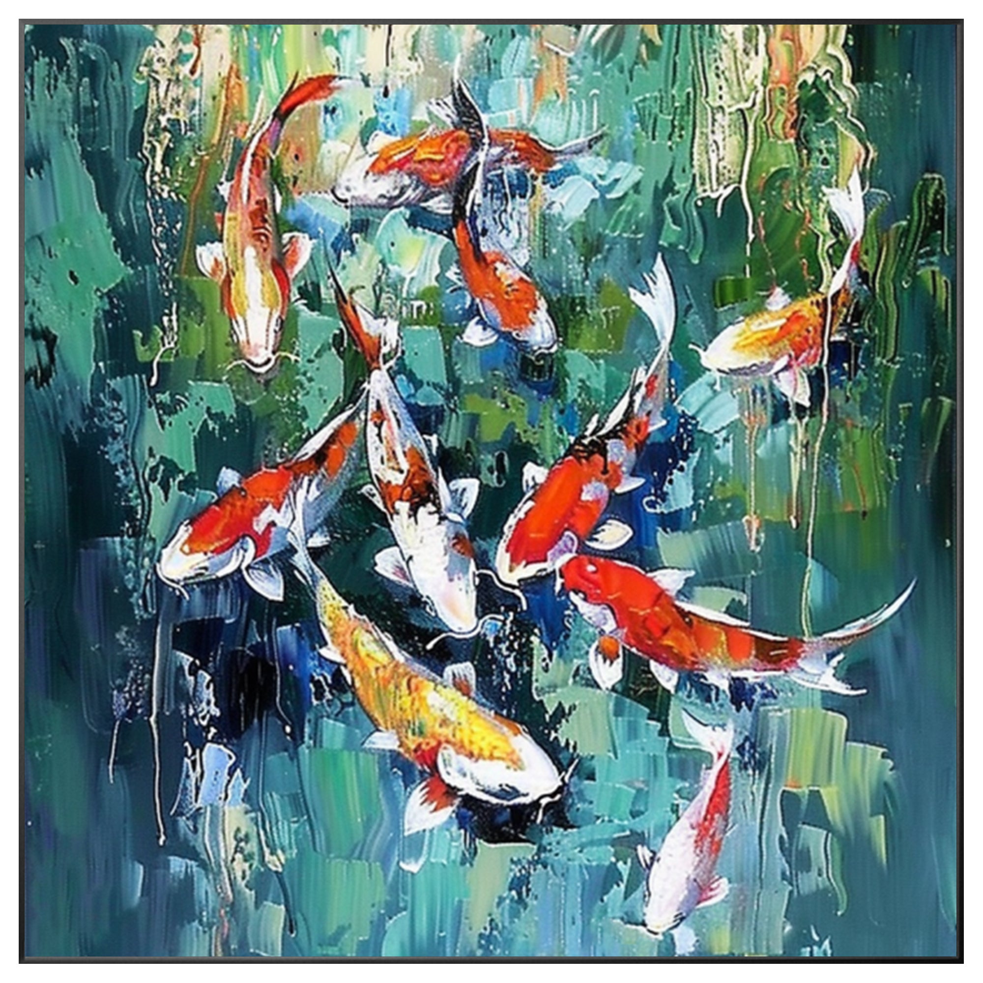 Original Koi Fish Painting - Feng Shui Square Green Wall Art