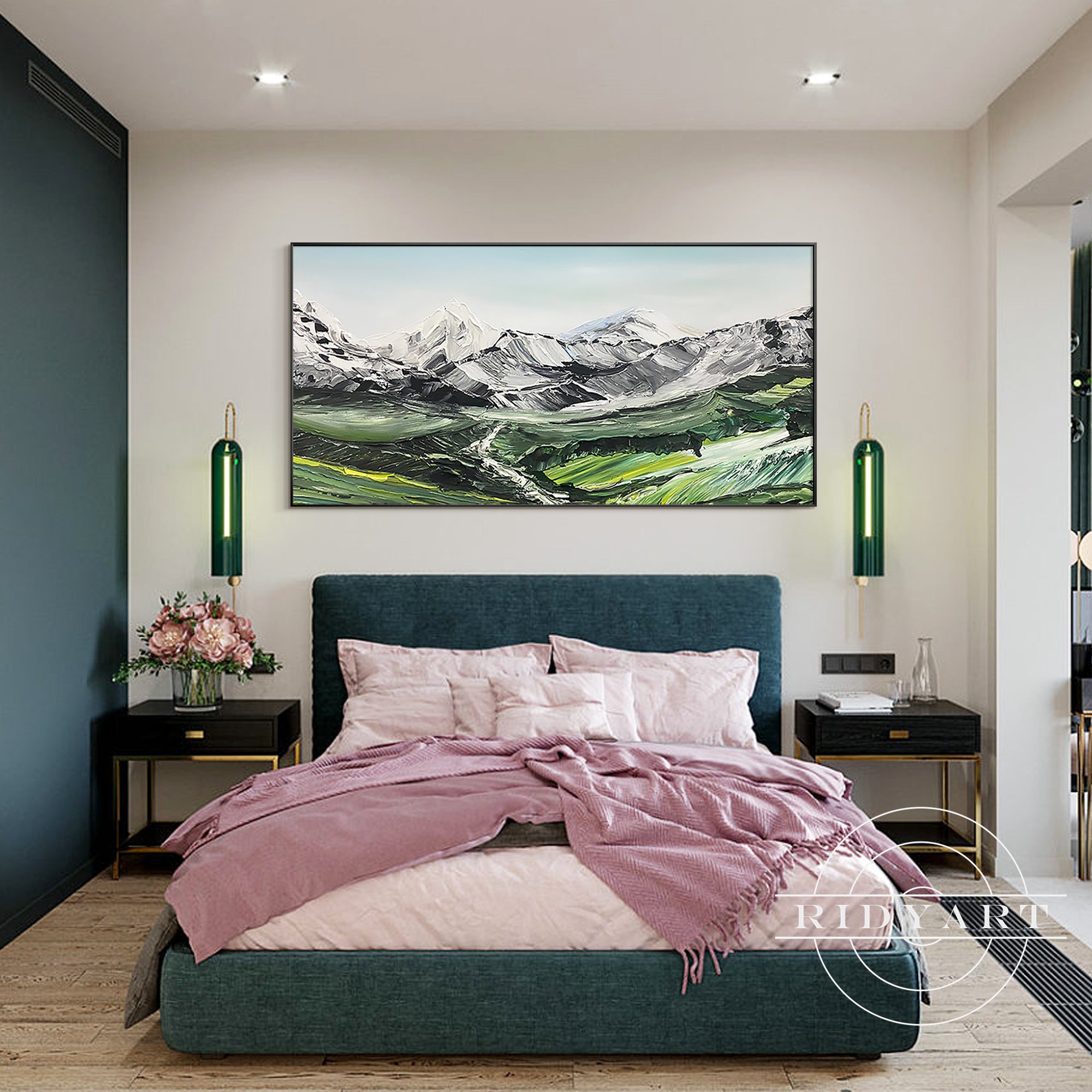 
Modern mountain painting with palette knife texture