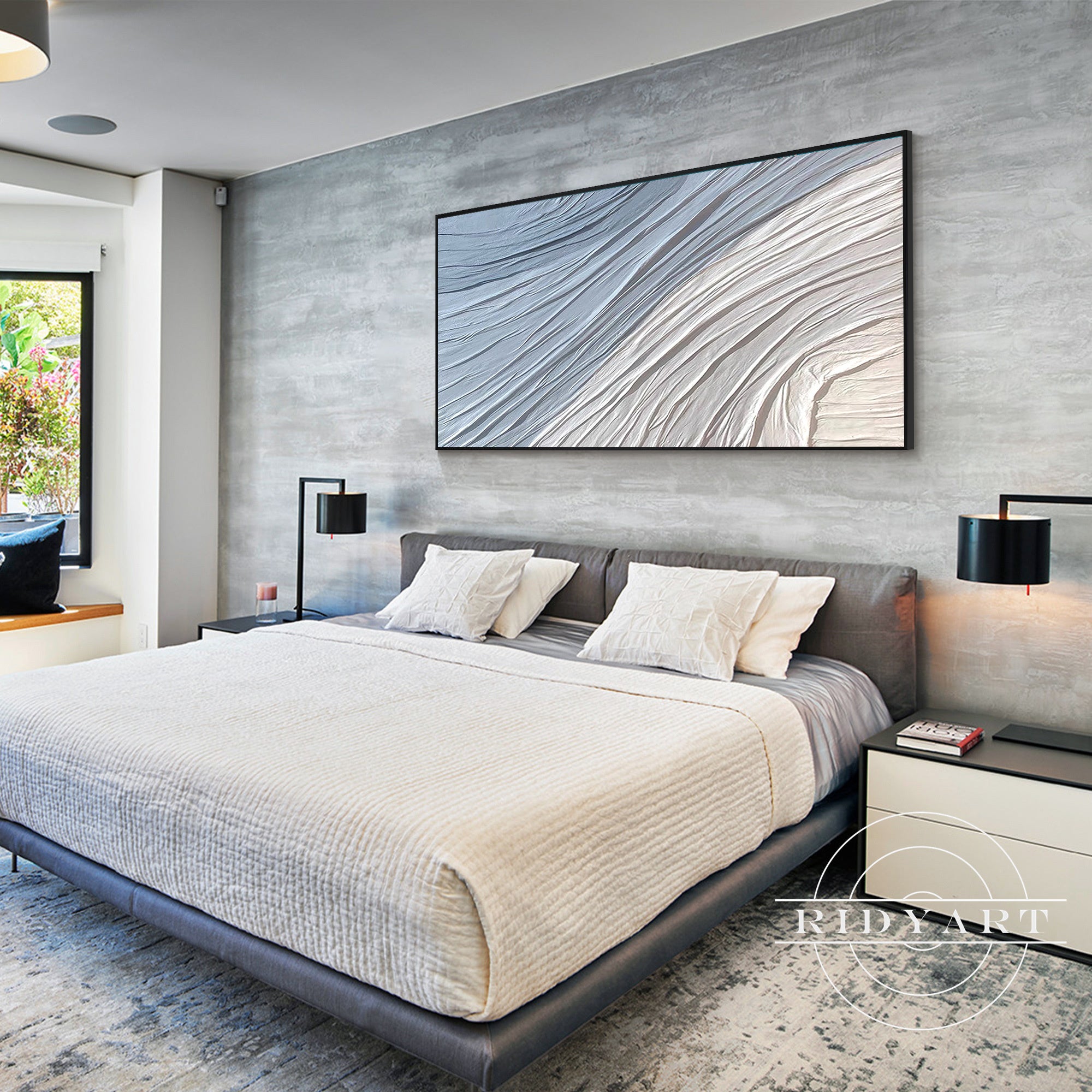 Oversize horizontal canvas painting in soft coastal tones