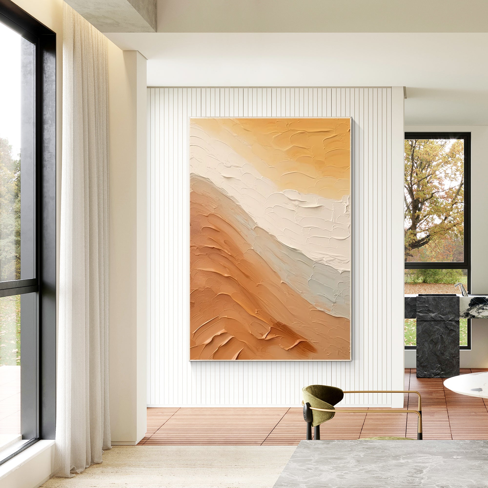 Earth tone abstract ocean painting with 3D textured details, featuring a minimalist Wabi Sabi design. Extra large wall art for coastal and natural decor.