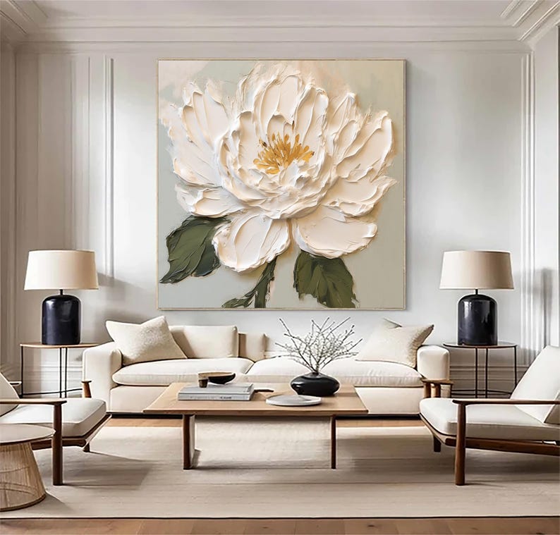 Modern minimalist floral oil painting with raised texture