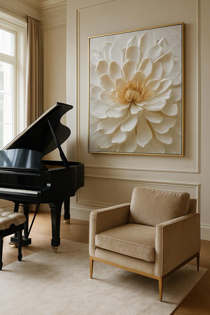 Elegant white flower canvas art with intricate texture and neutral tones