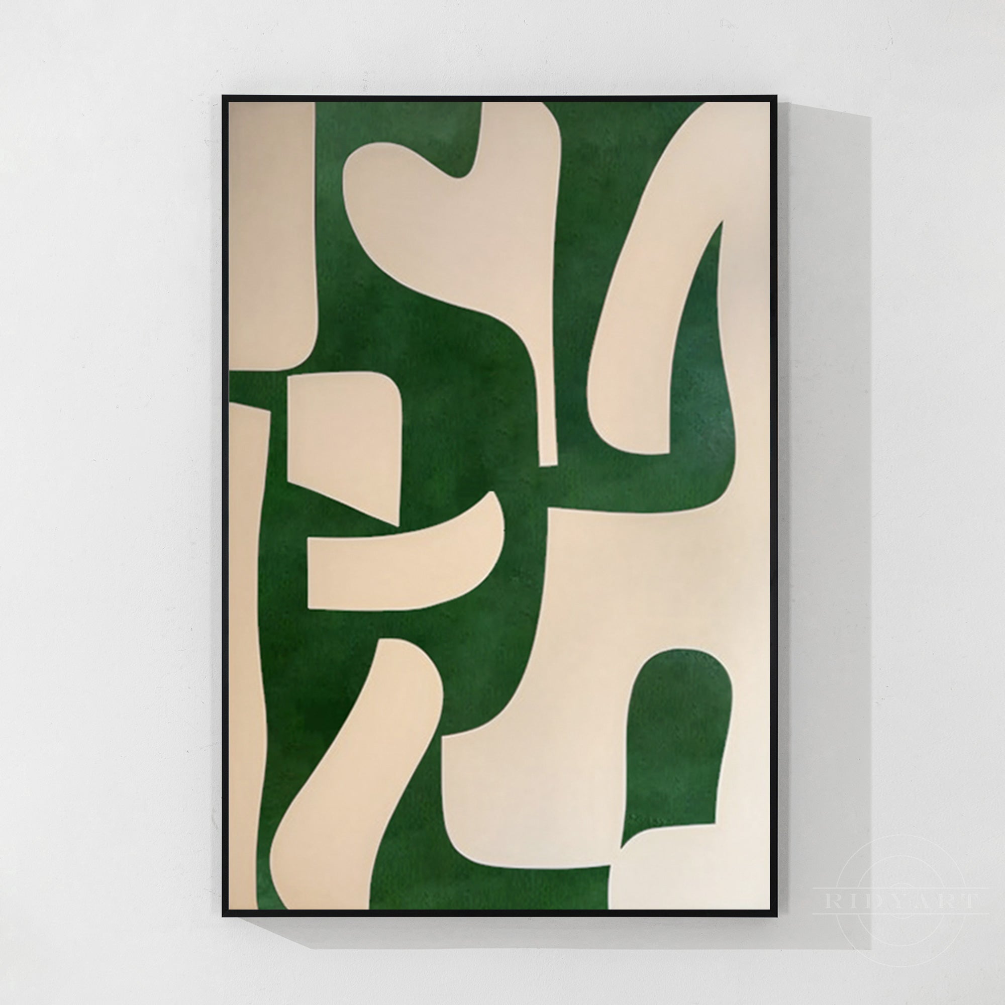 Beige Emerald Green Abstract Painting Vertical Organic Shape