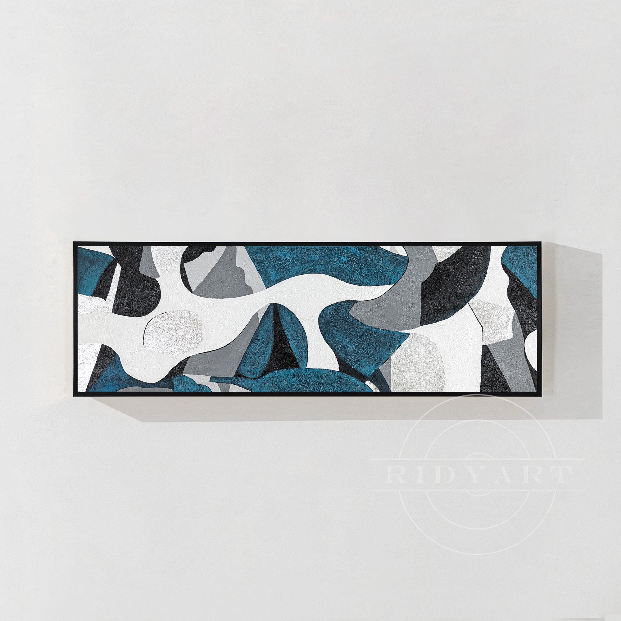 Teal Silver Abstract Wall Art - Long Geometric Canvas Decor