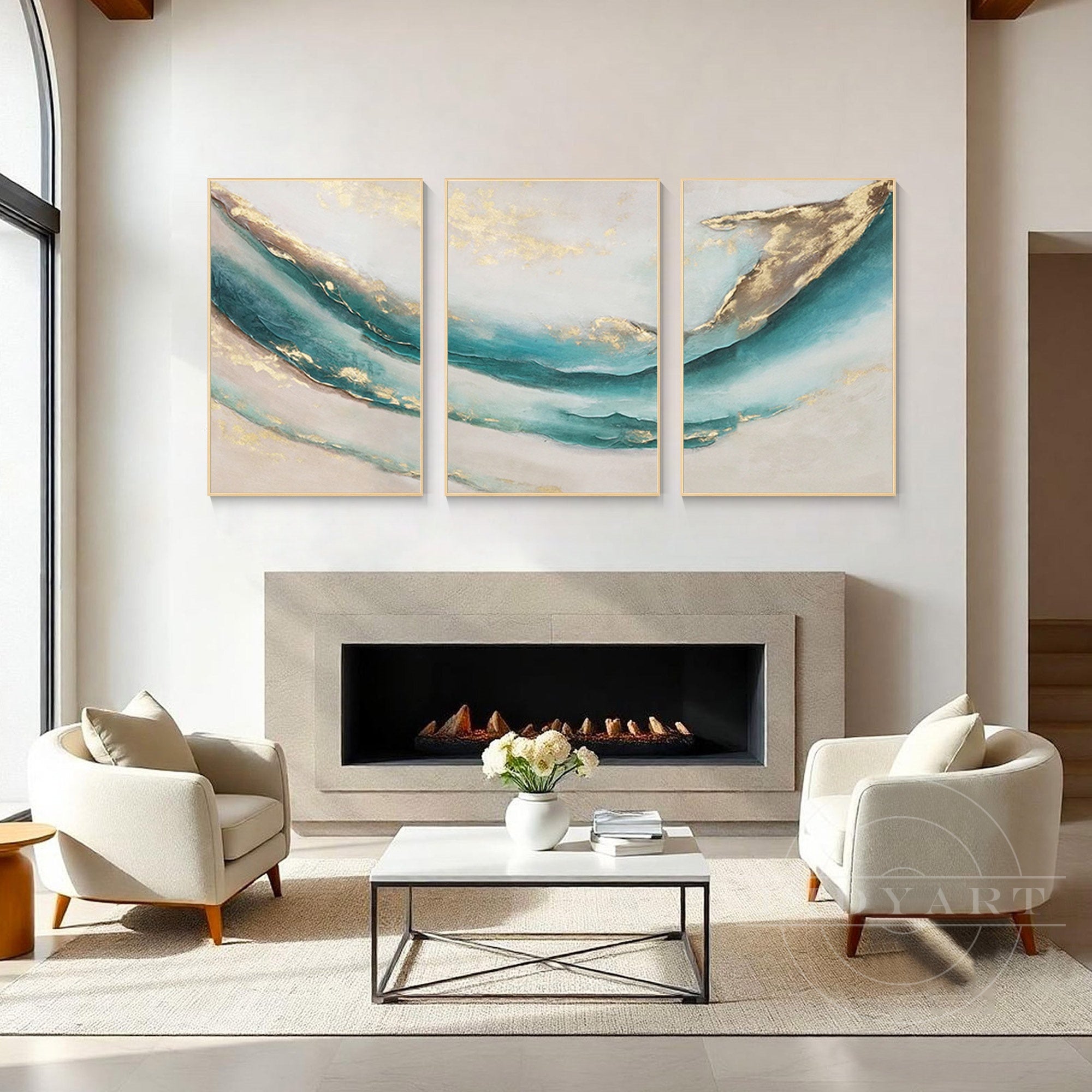 Set of 3 teal Gold abstract oil painting Home Decor