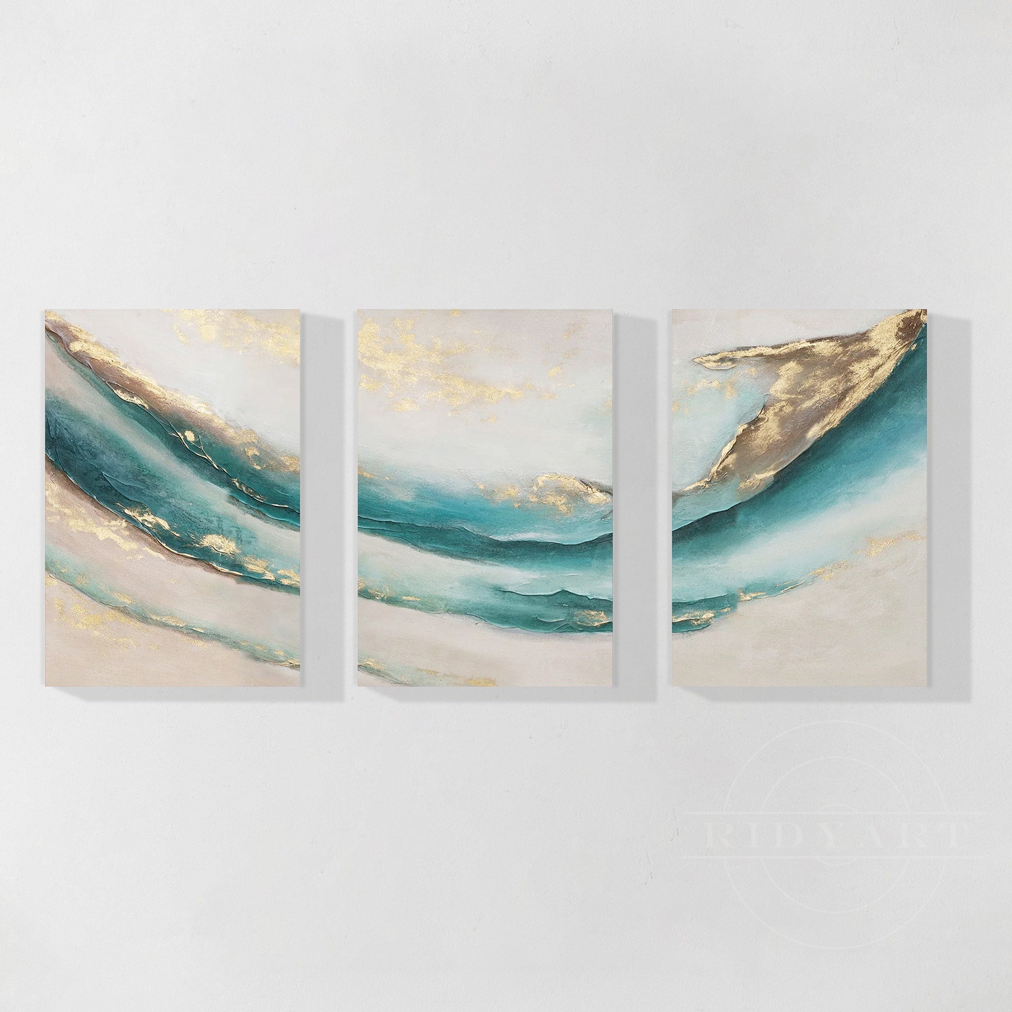 Set of 3 teal Gold abstract oil painting Home Decor