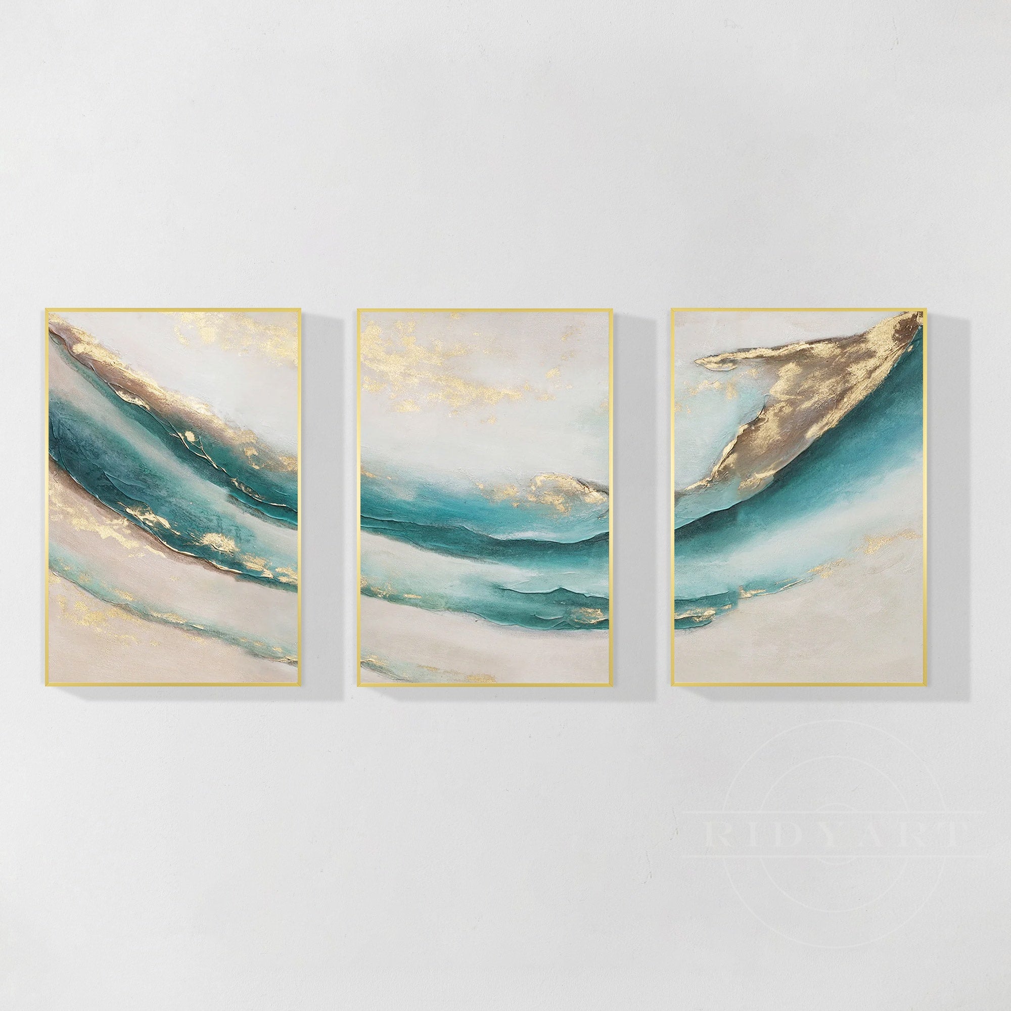 Set of 3 teal Gold abstract oil painting Home Decor