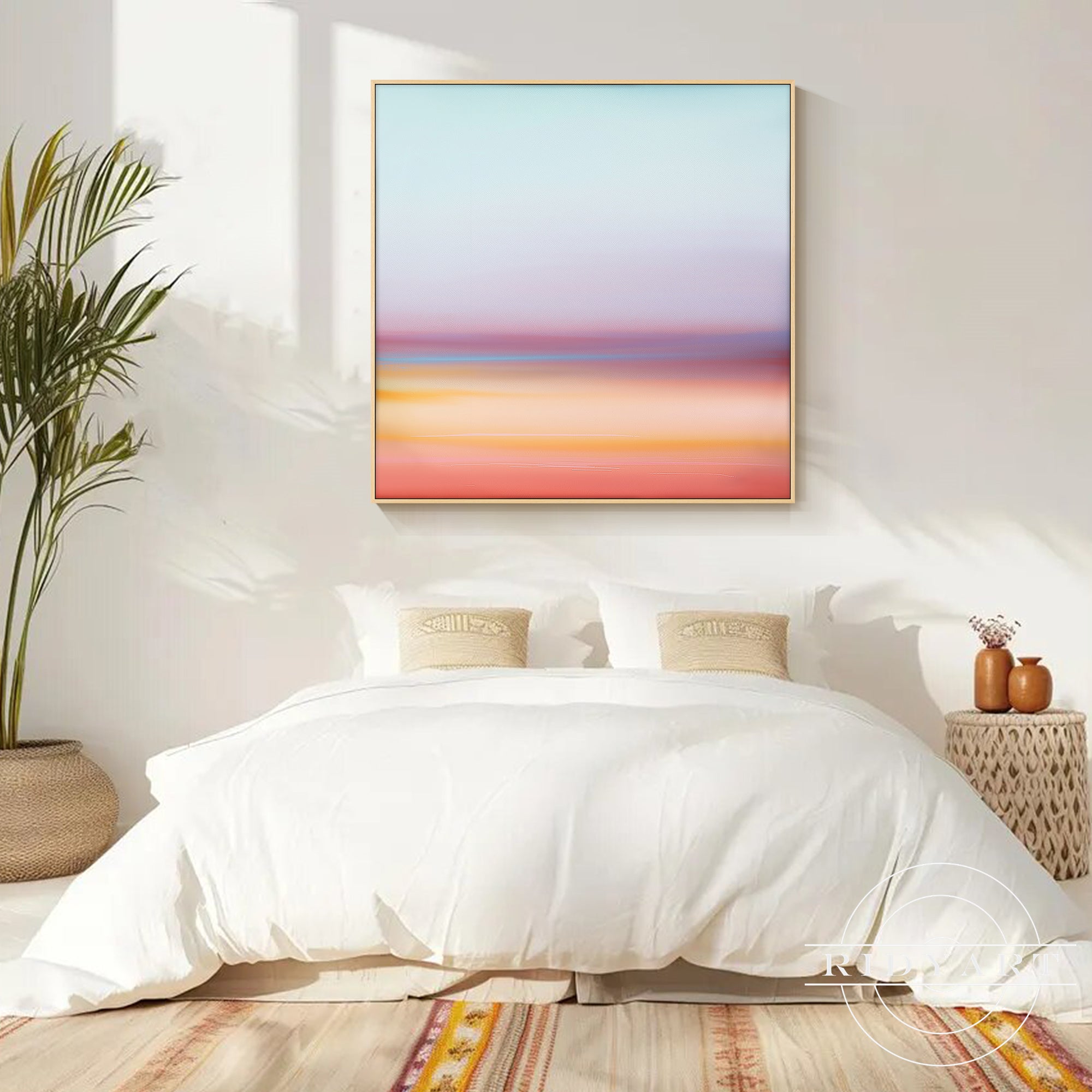 Modern living room wall decorated with large pastel horizon canvas painting