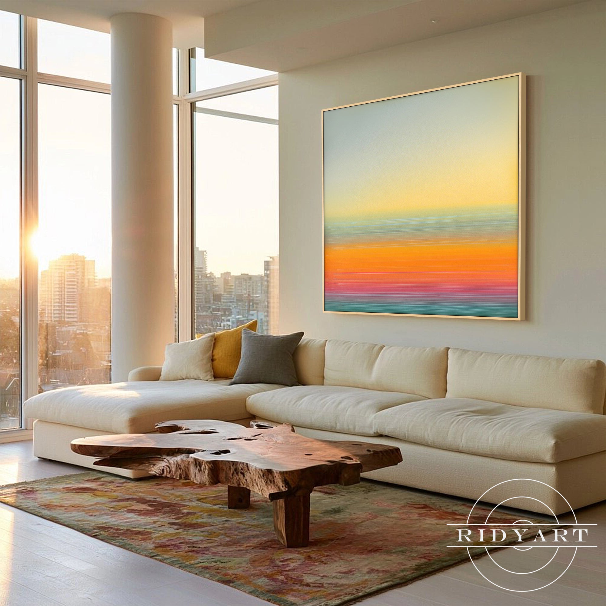 Handmade acrylic paint texture showing warm orange and teal gradient lines