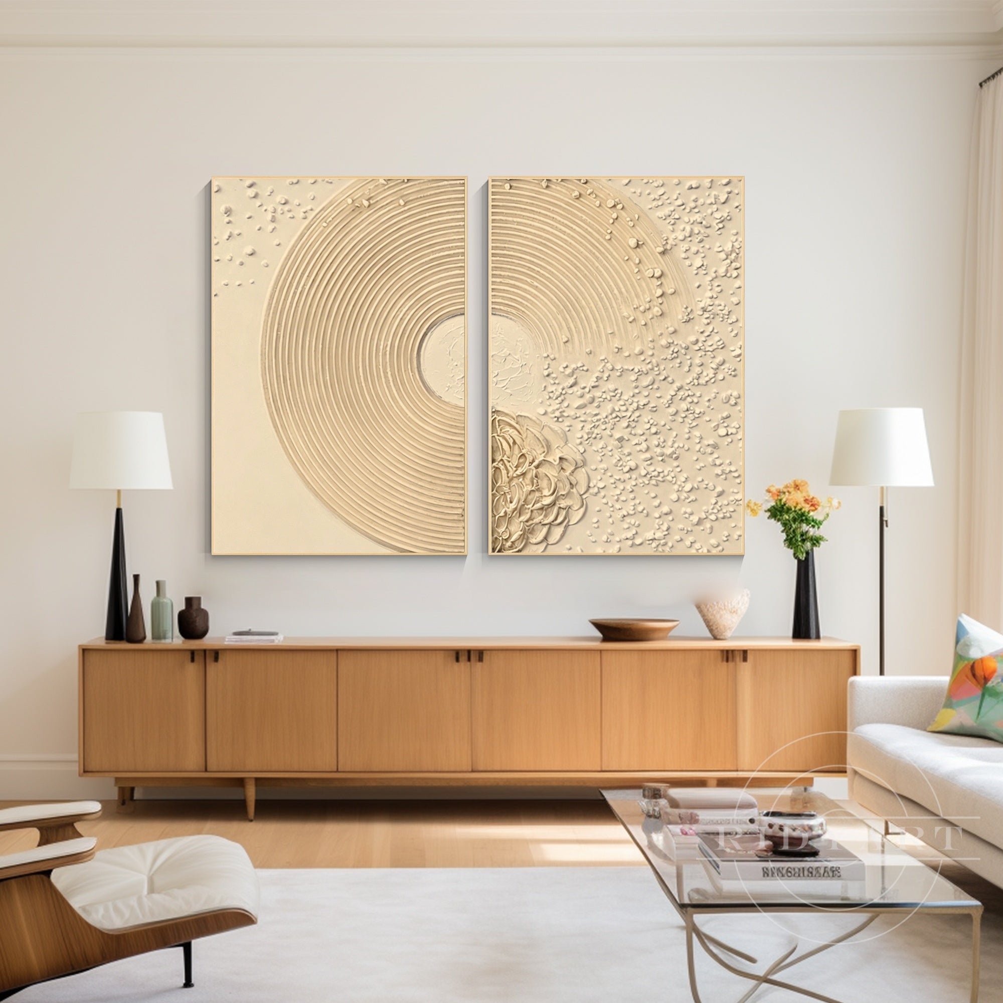 Large beige ocean abstract diptych wall art decor