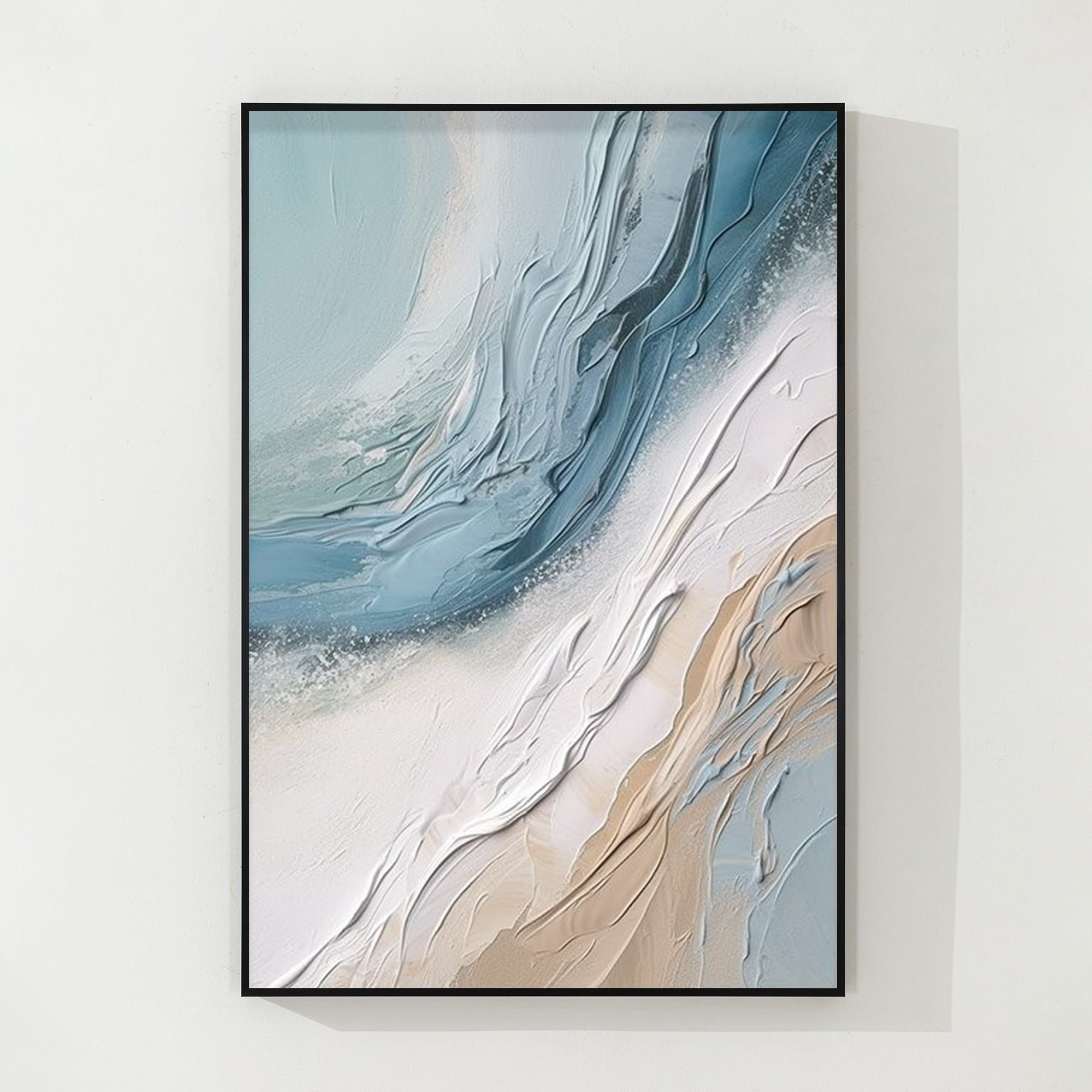 Cream White Blue 3D Textured Abstract Ocean Wave Painting