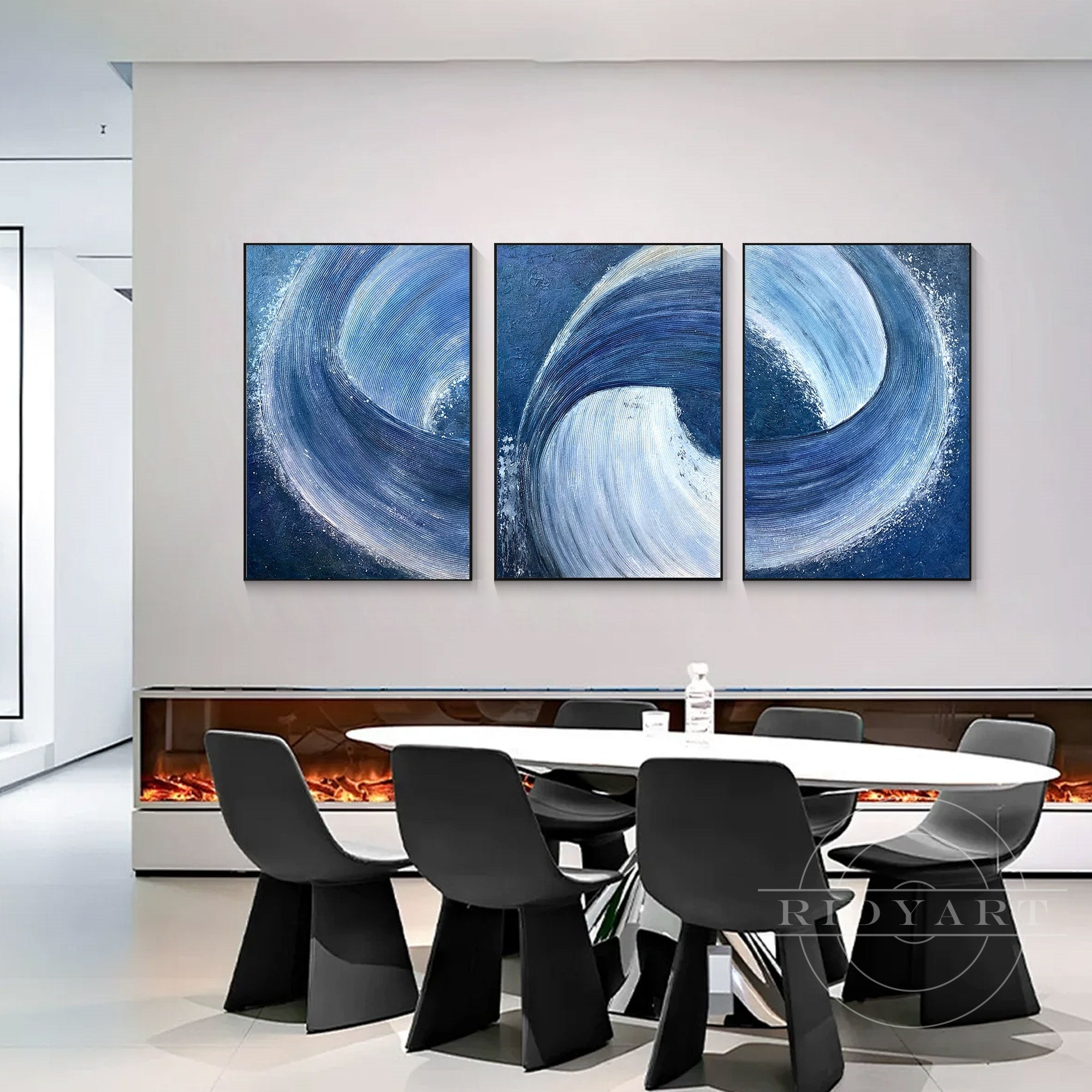 Contemporary navy blue abstract canvas painting triptych