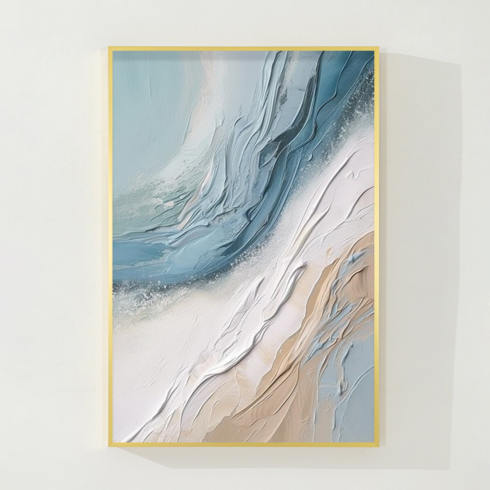 Cream White Blue 3D Textured Abstract Ocean Wave Painting