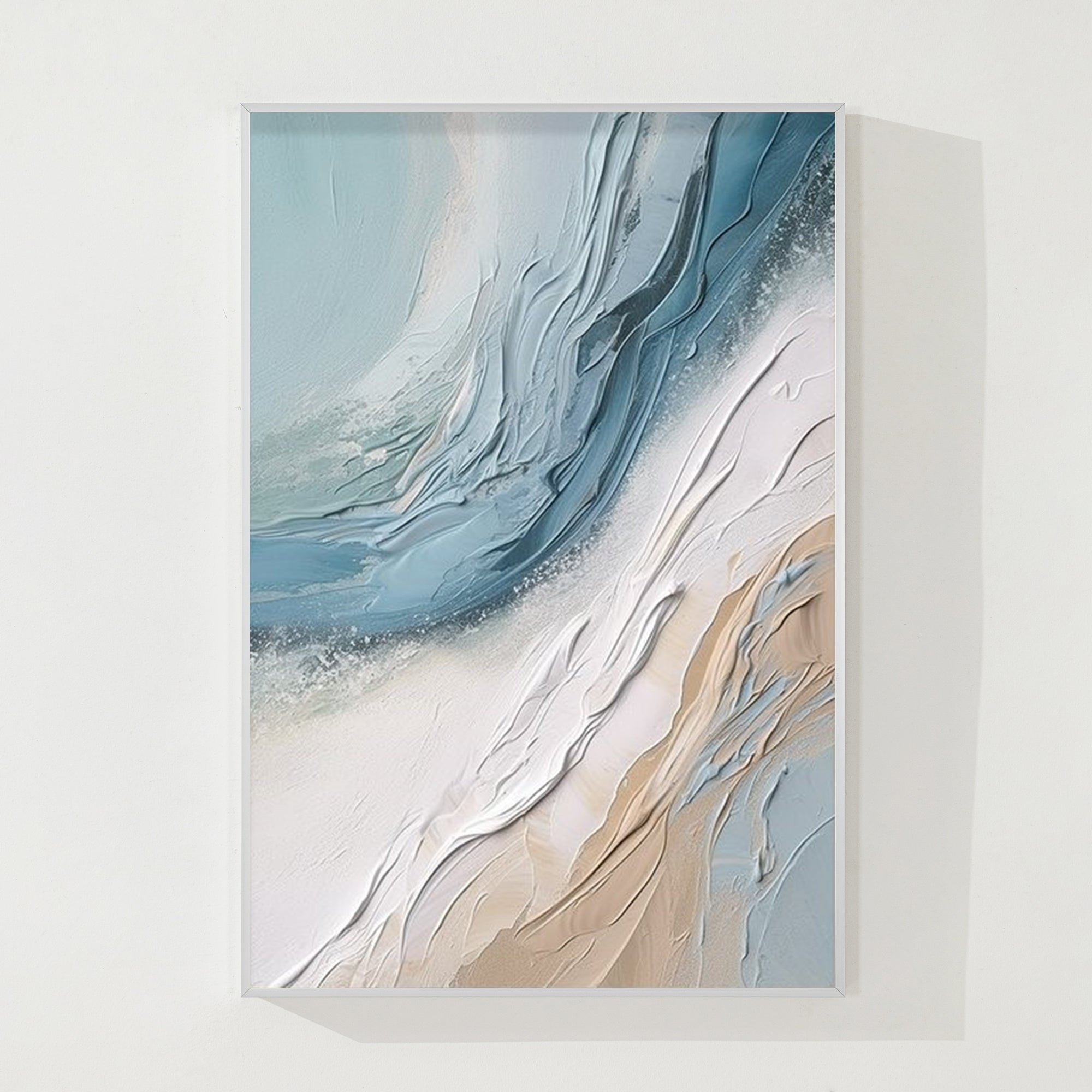 Cream White Blue 3D Textured Abstract Ocean Wave Painting