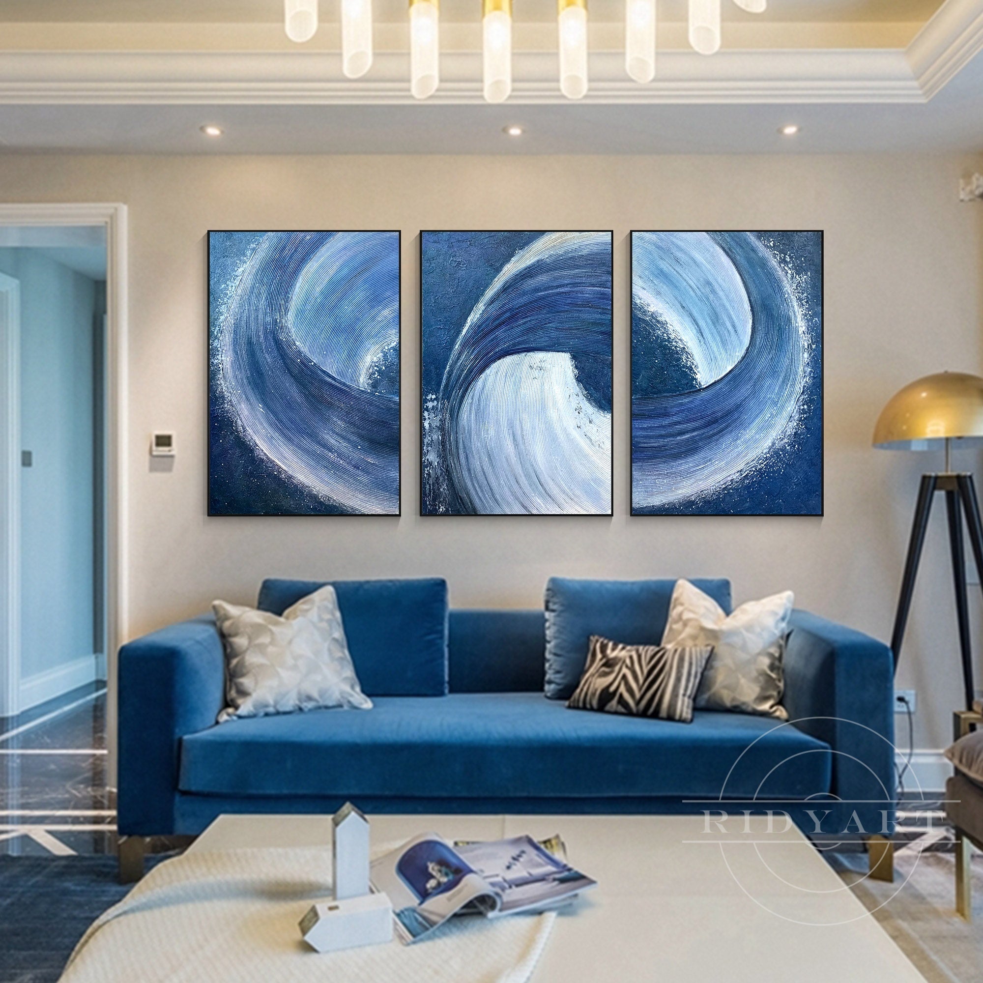 Textured navy blue wall art modern minimalist home decor