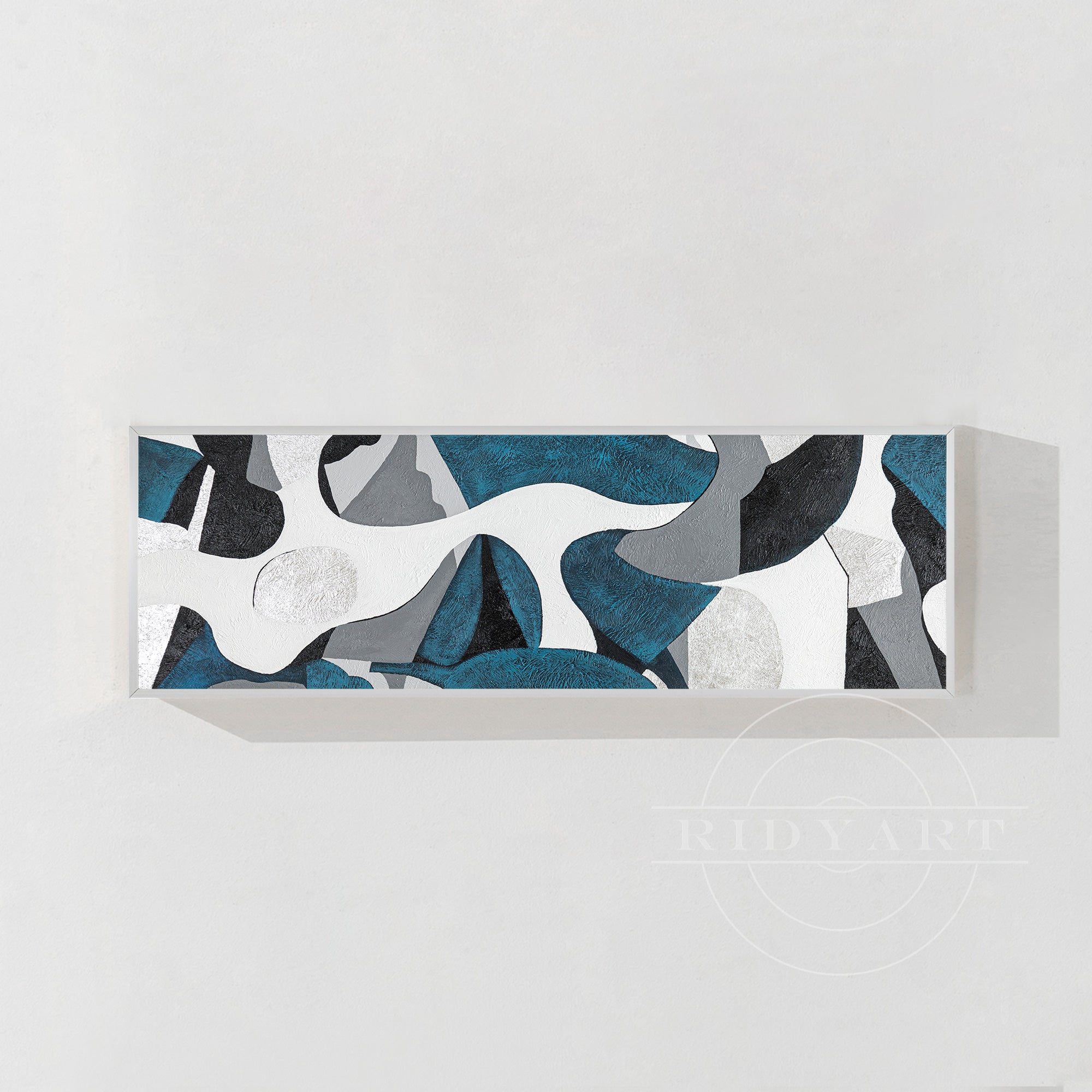 Teal Silver Abstract Wall Art - Long Geometric Canvas Decor