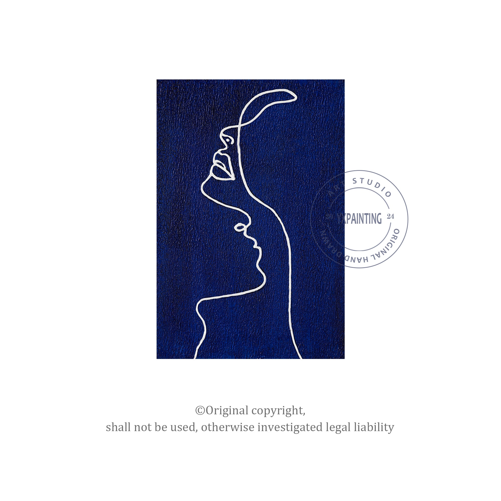 Picasso Line Woman Profile Painting - Navy Blue Wall Art