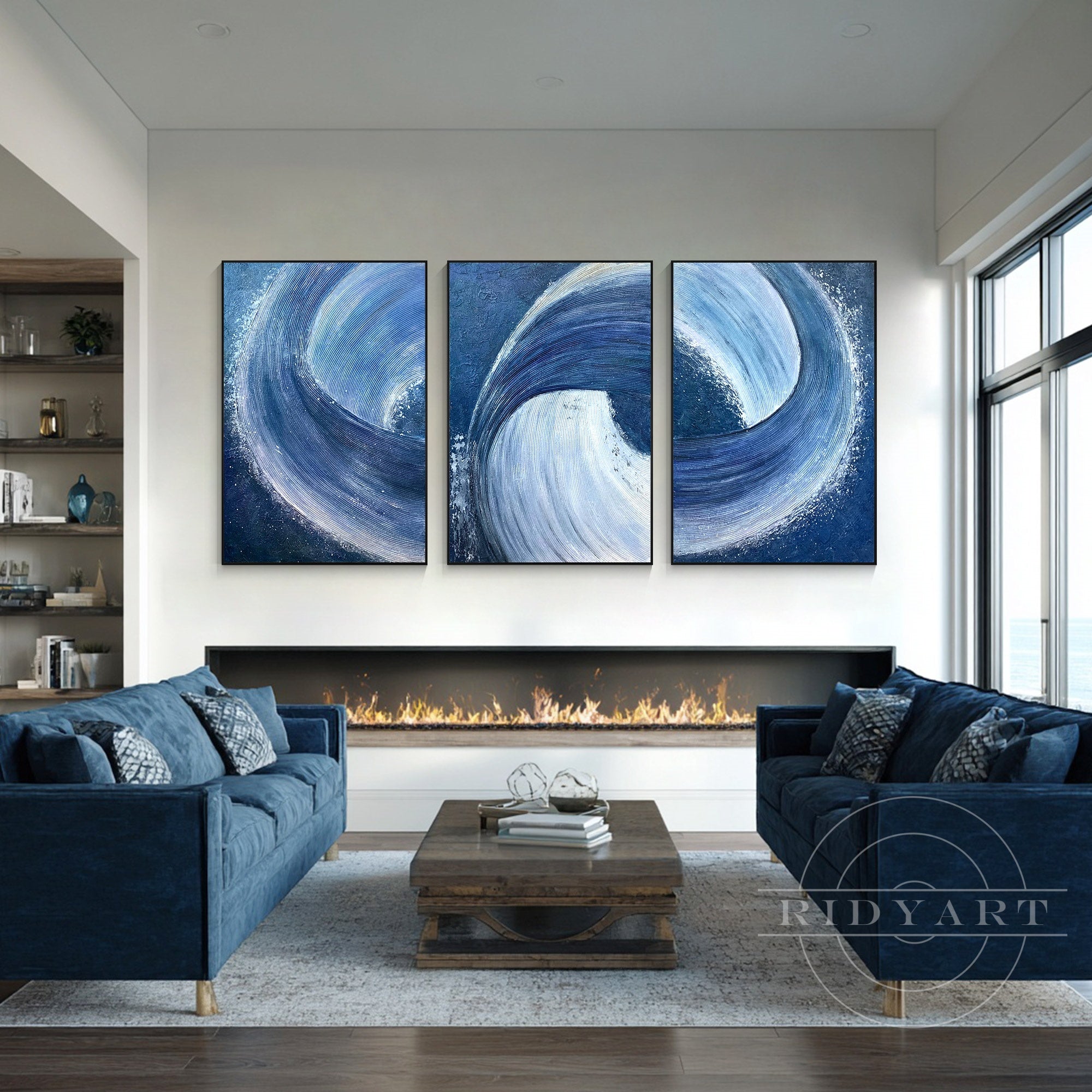 Large navy blue abstract canvas art set for modern interior