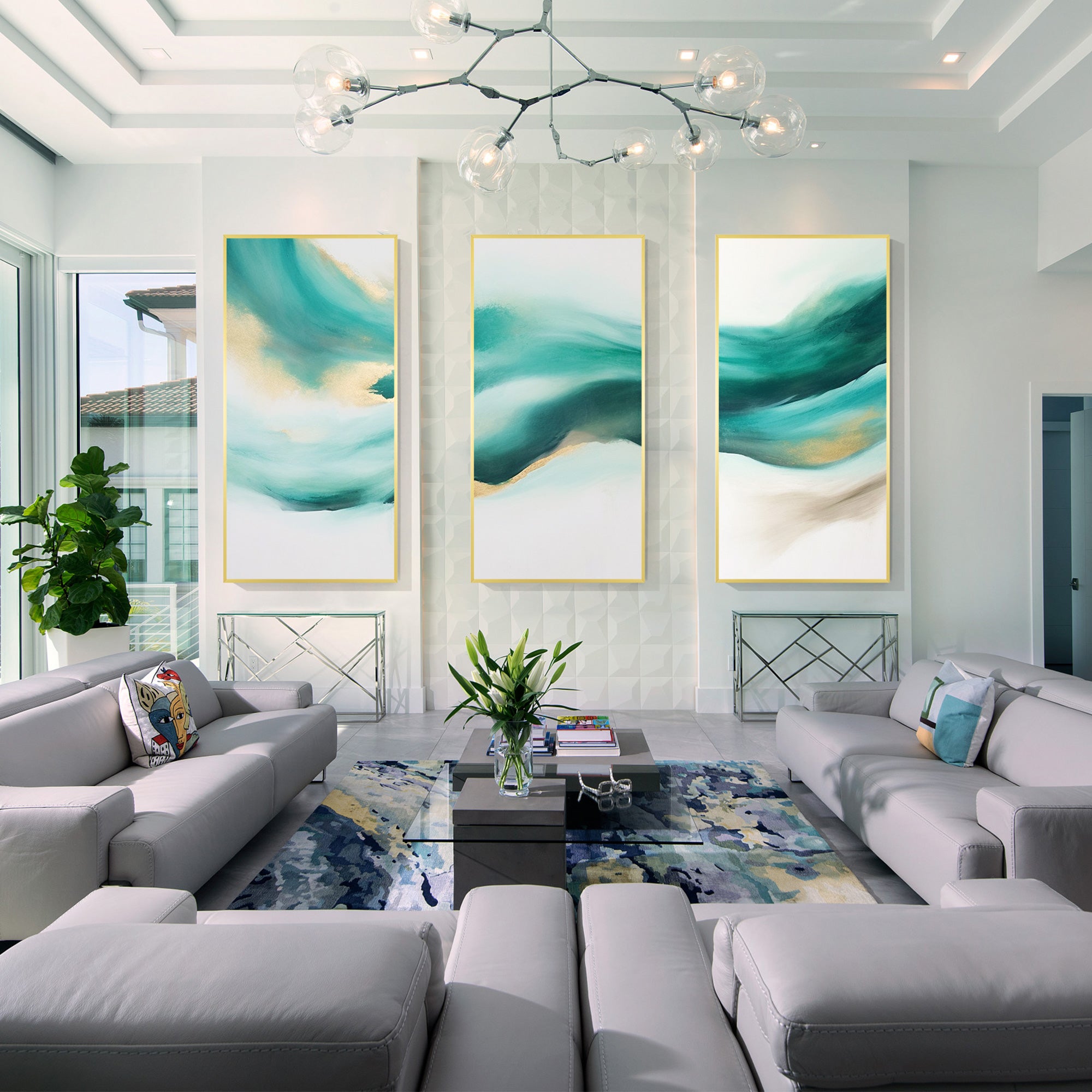 Set of 3 Teal Abstract Sea Art Oil Painting