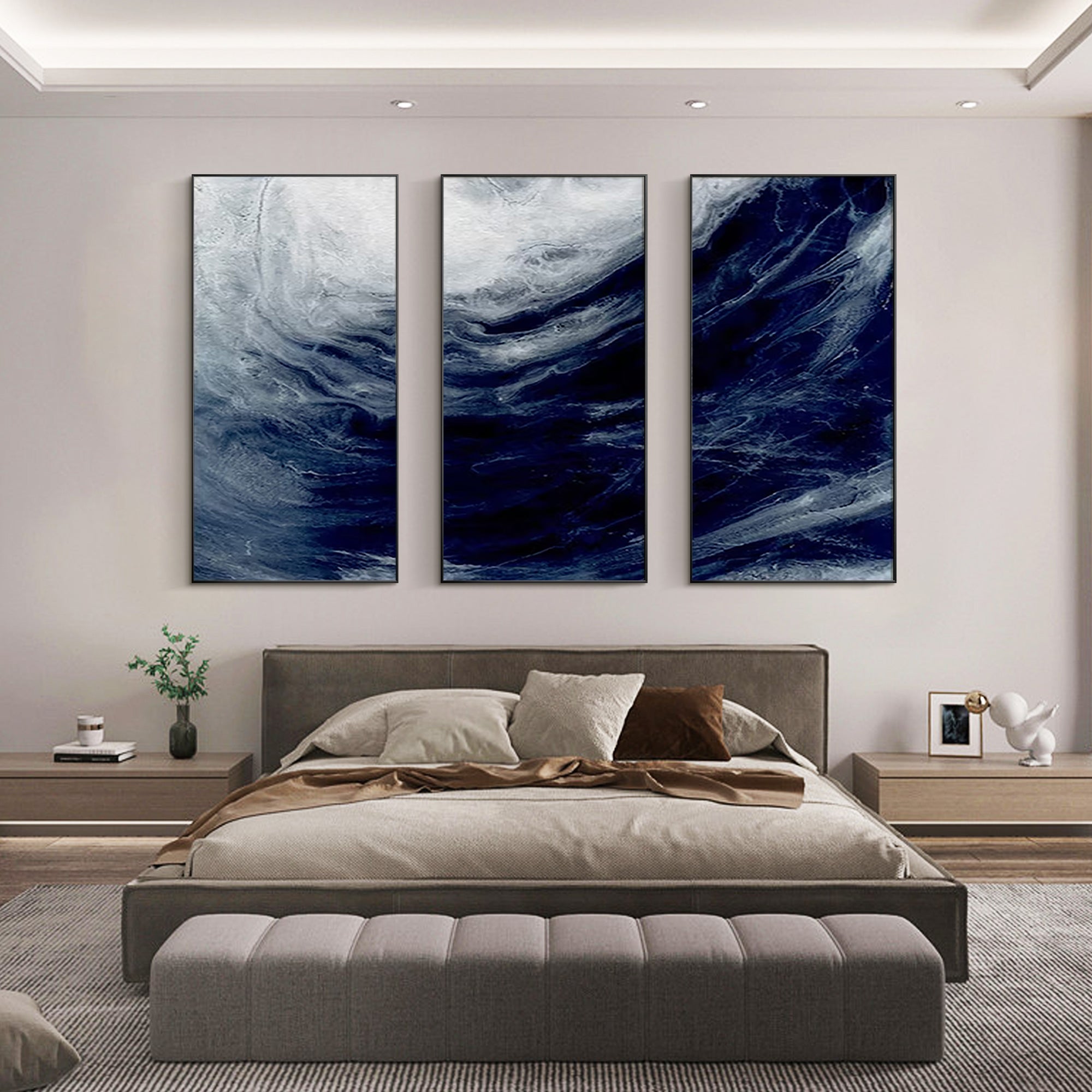 Set of 3 Ocean Painting Navy Blue Art