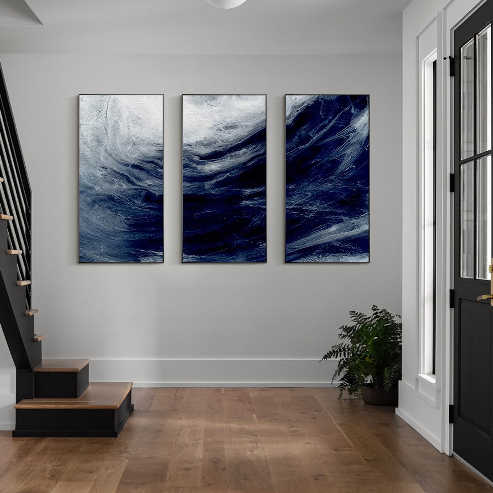 Set of 3 Ocean Painting Navy Blue Art