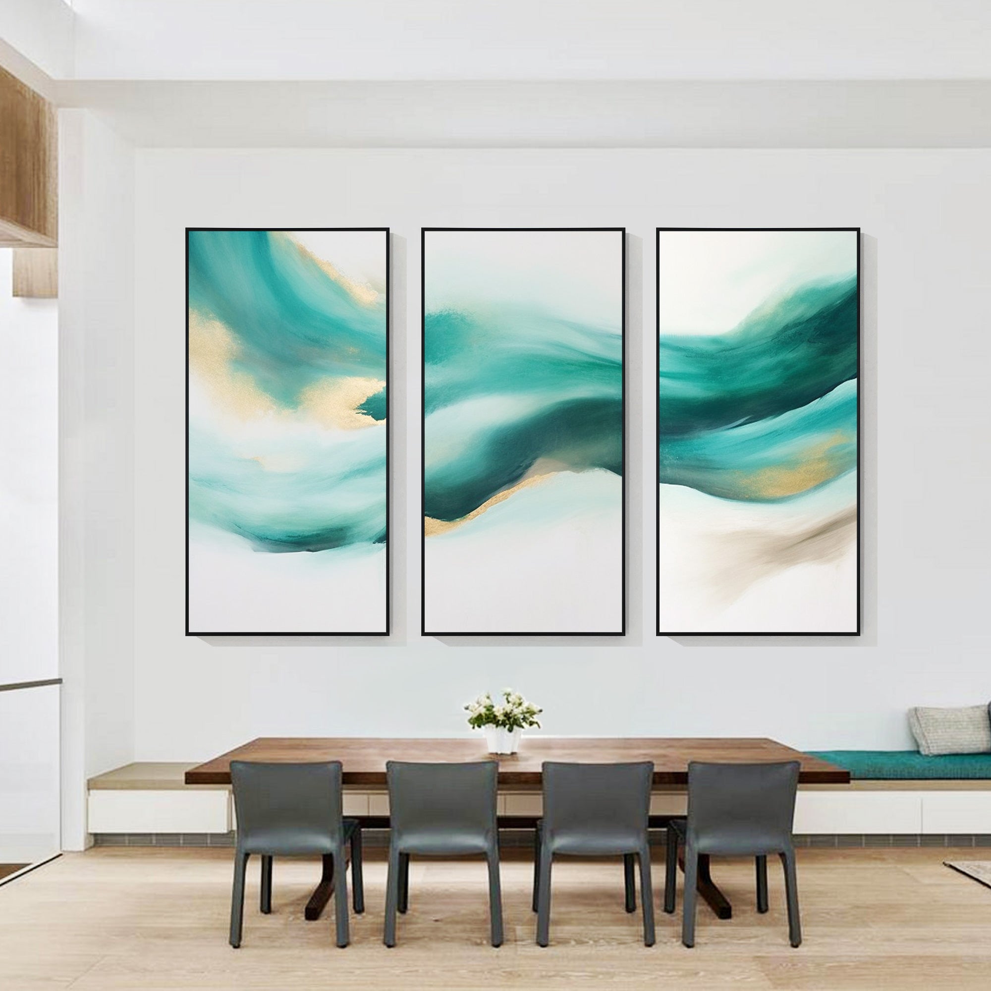 Set of 3 Teal Abstract Sea Art Oil Painting