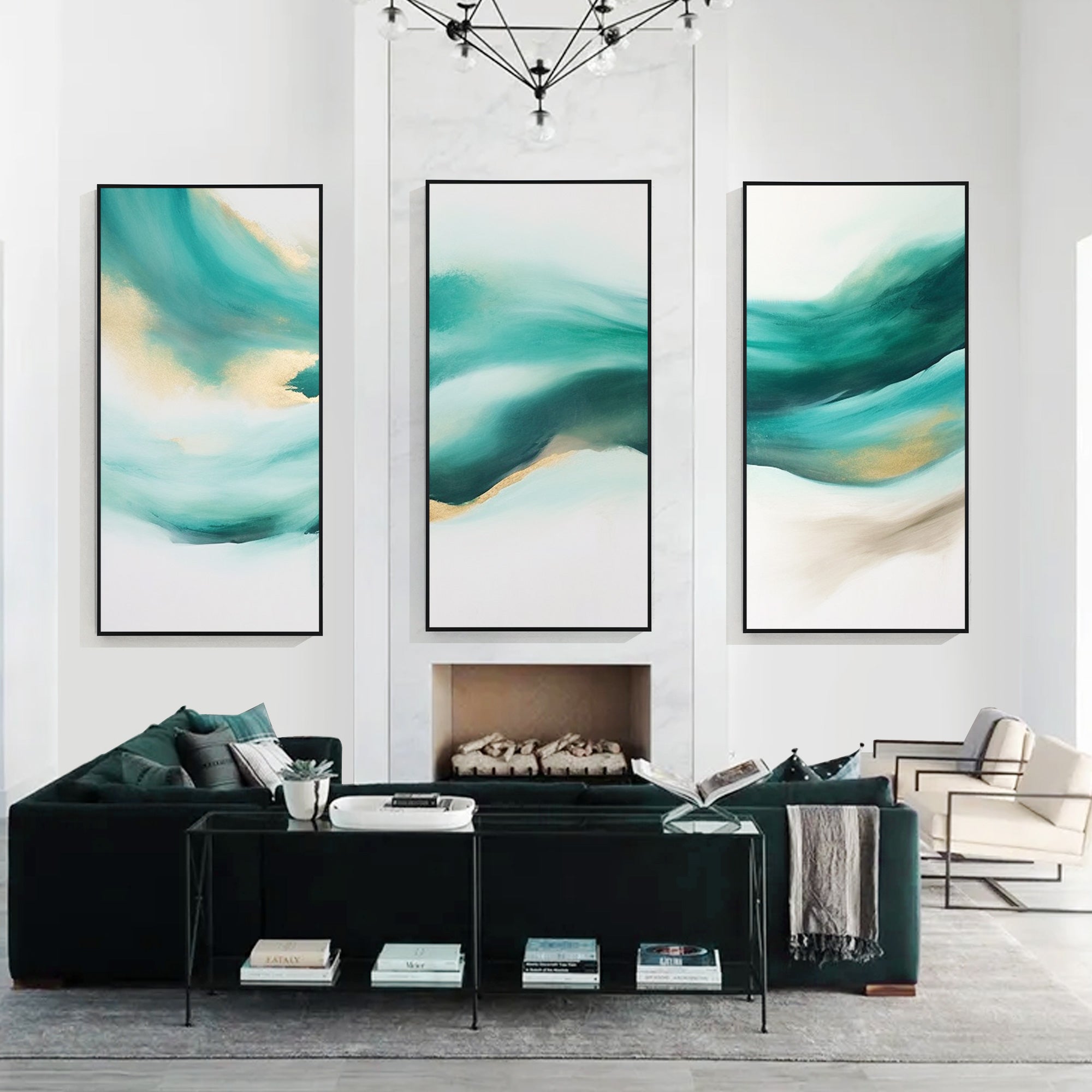 Set of 3 Teal Abstract Sea Art Oil Painting