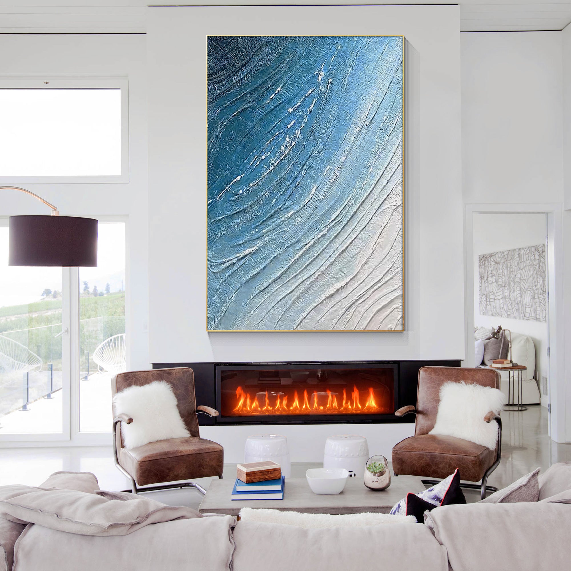 Minimalist Blue Sea Painting Framed