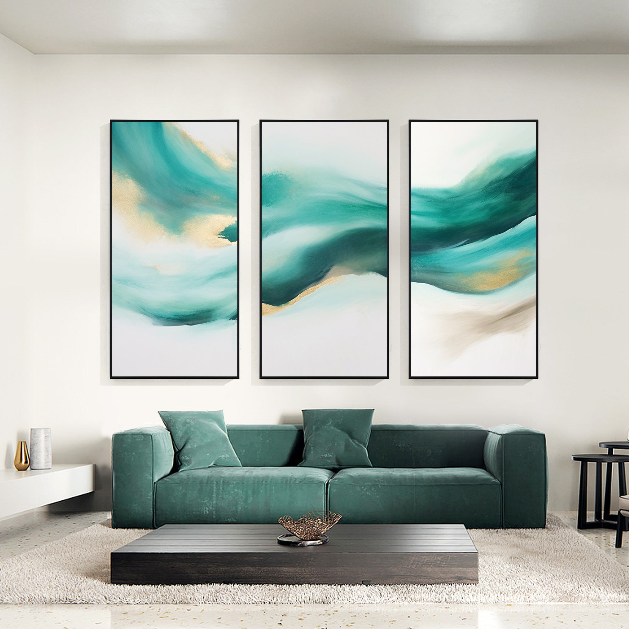 Set of 3 Teal Abstract Sea Art Oil Painting