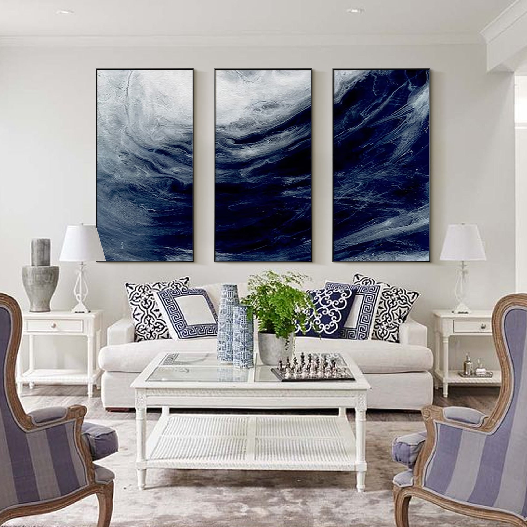 Set of 3 Ocean Painting Navy Blue Art