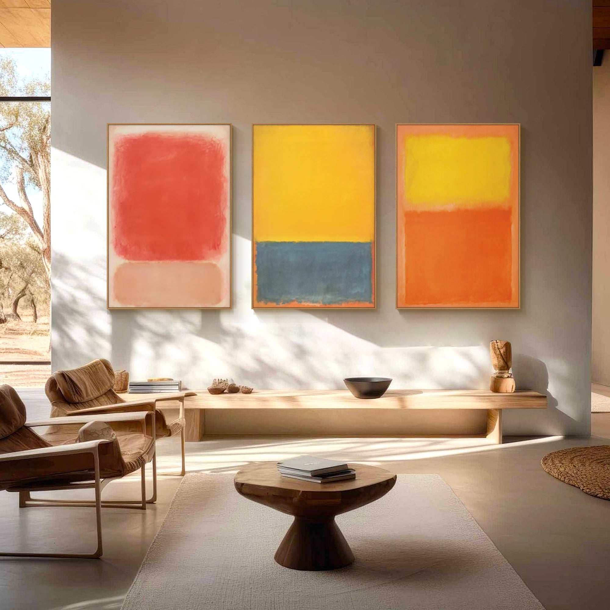 large abstract triptych canvas warm tone wall art