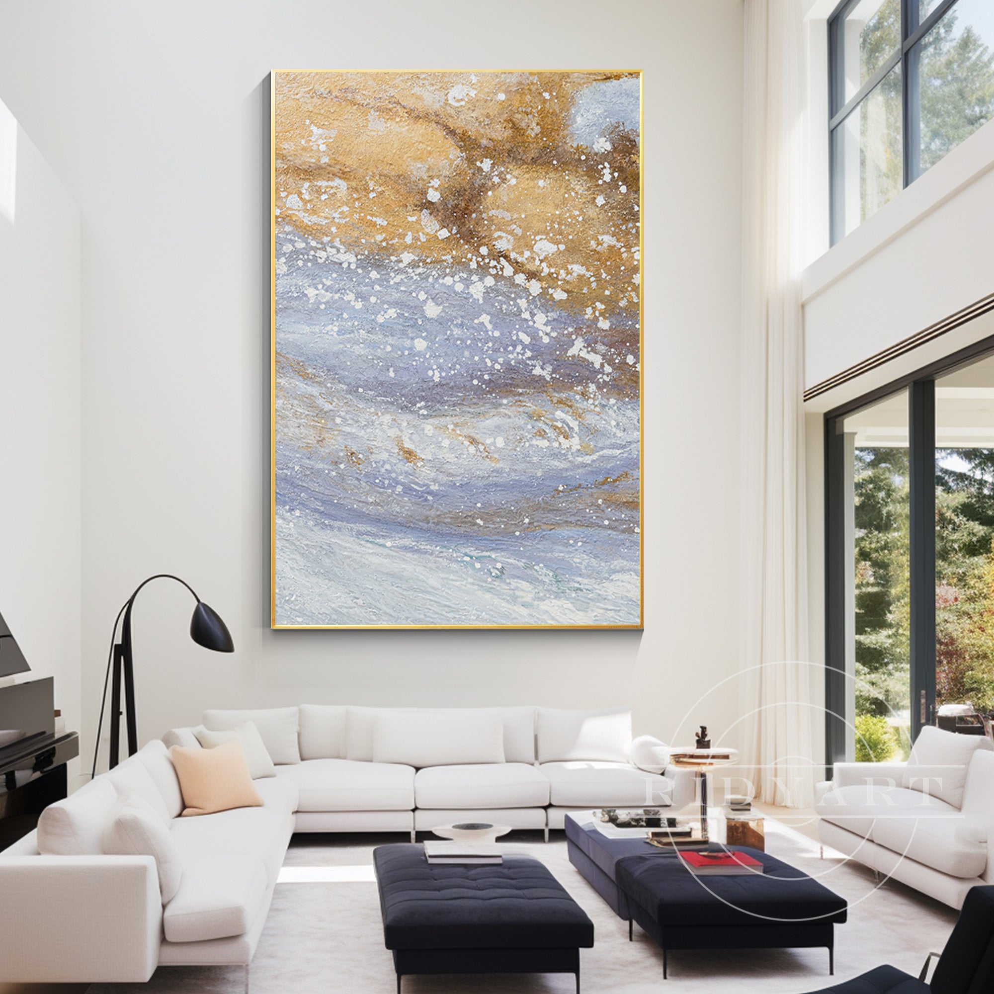 Abstract beach wall art with white sand, blue water, and gold-glitter sea foam, featuring beige and blue sand swirls with gold accents in a minimalist, textured style.