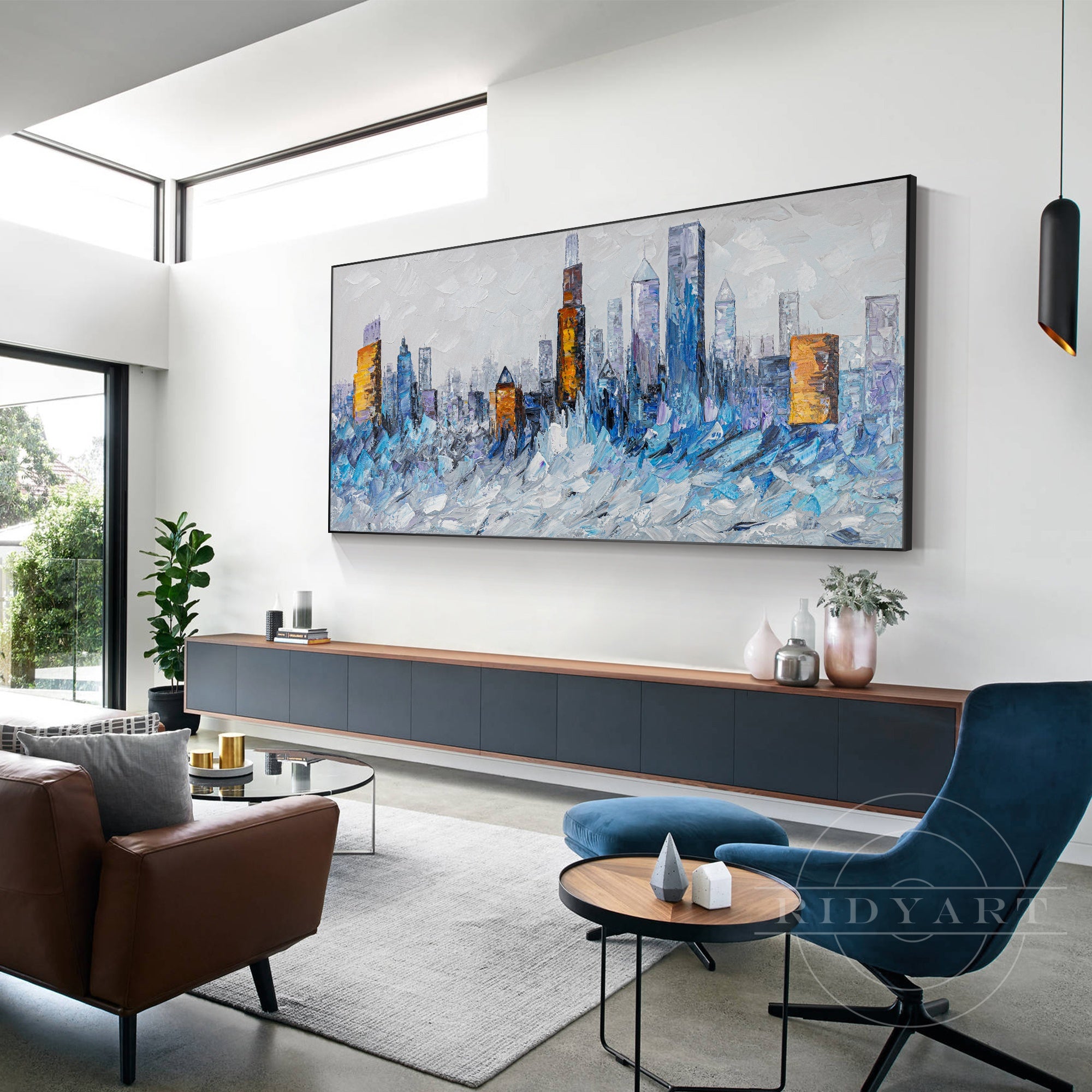 Abstract Chicago skyline painting in blue and gold.