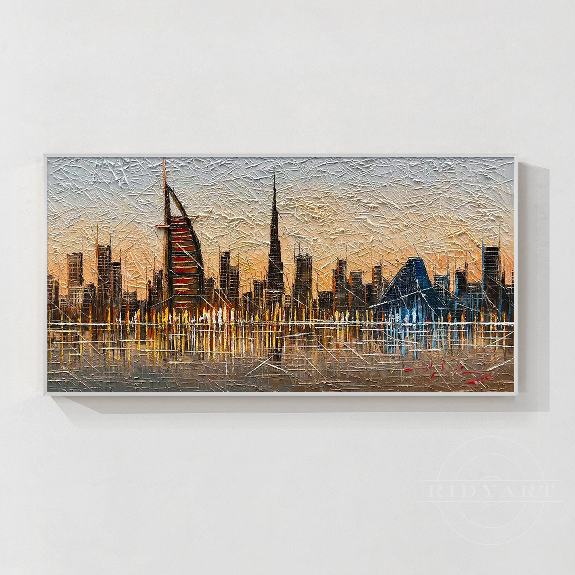 Abstract Dubai skyline painting with textured