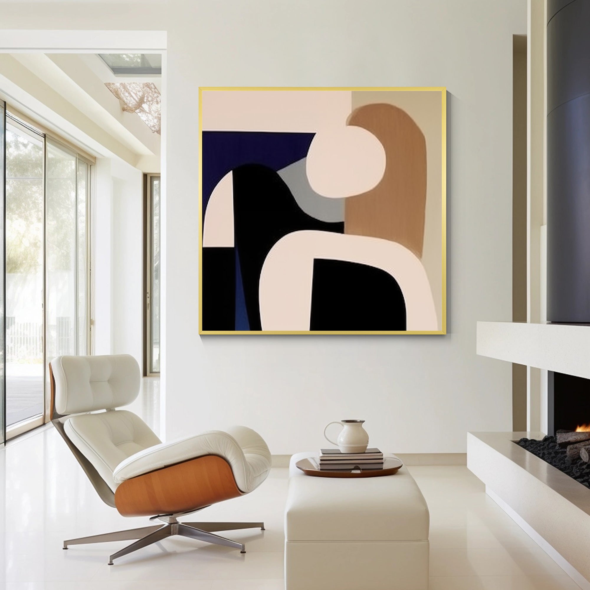 Abstract geometric painting featuring blue, black, and brown tones, showcasing dynamic shapes and modern artistic design