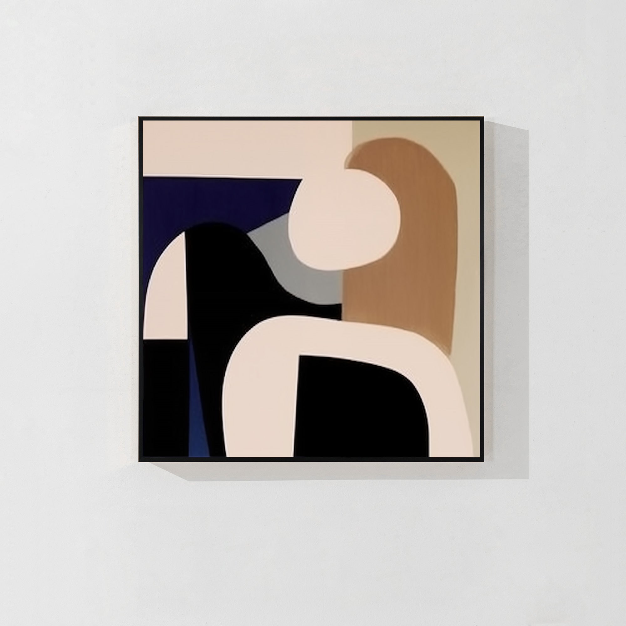 Abstract geometric painting featuring blue, black, and brown tones, showcasing dynamic shapes and modern artistic design