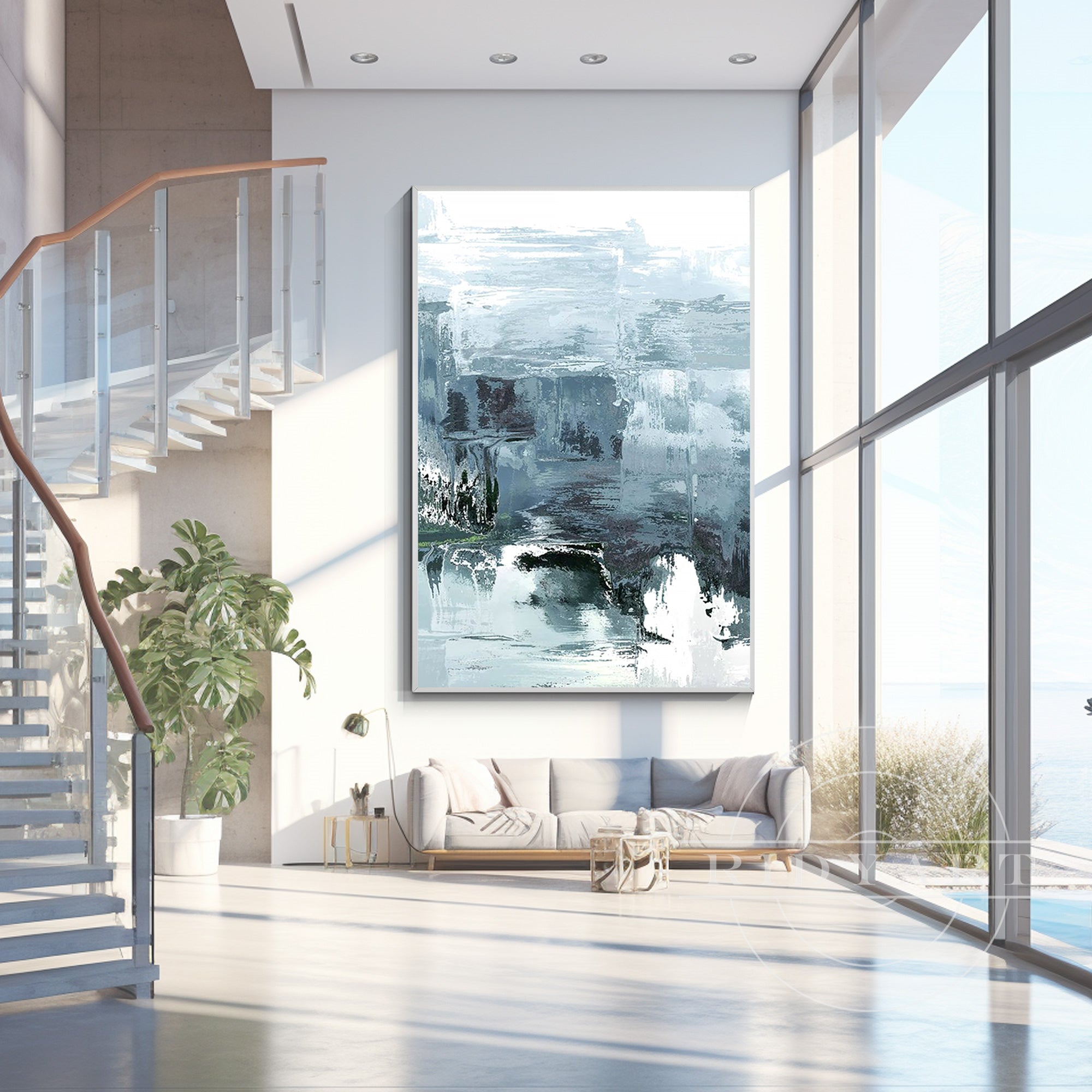 Abstract minimalist landscape painting in blue, gray, and white tones, large canvas wall art with textured palette knife strokes depicting water and sky in a serene, modern style.