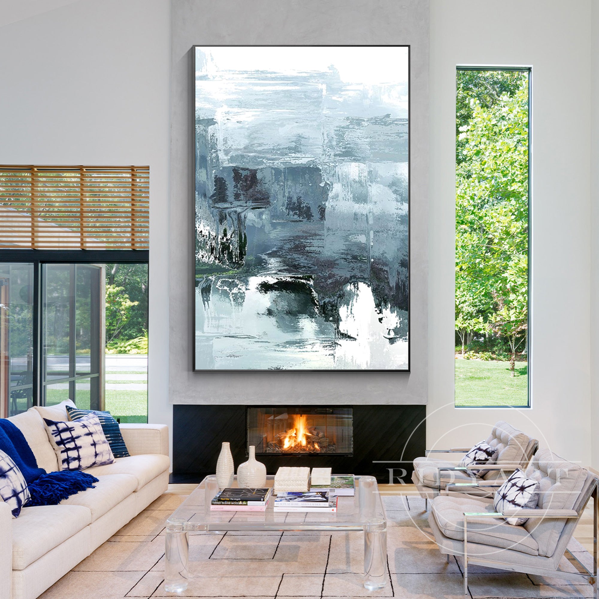 Abstract minimalist landscape painting in blue, gray, and white tones, large canvas wall art with textured palette knife strokes depicting water and sky in a serene, modern style.