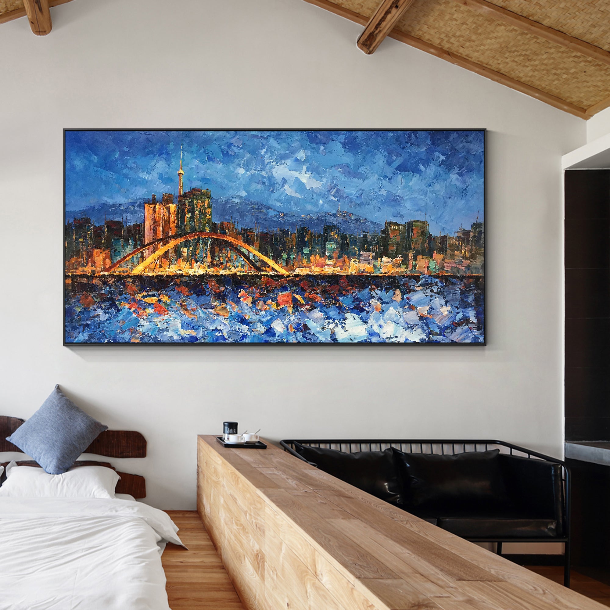 textured seoul cityscape oil painting in blue and orange