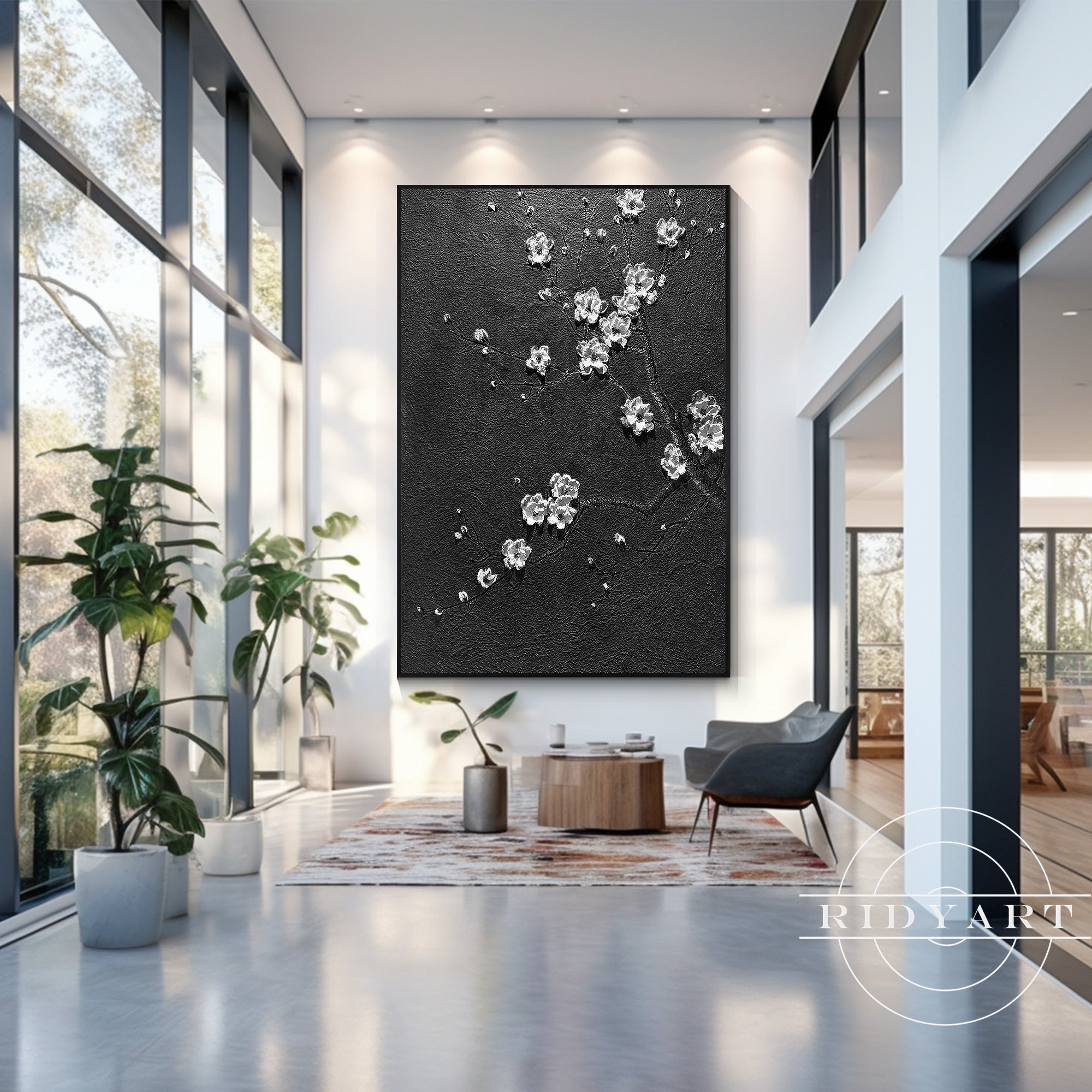 Black White 3D White Flower Abstract Textured Painting