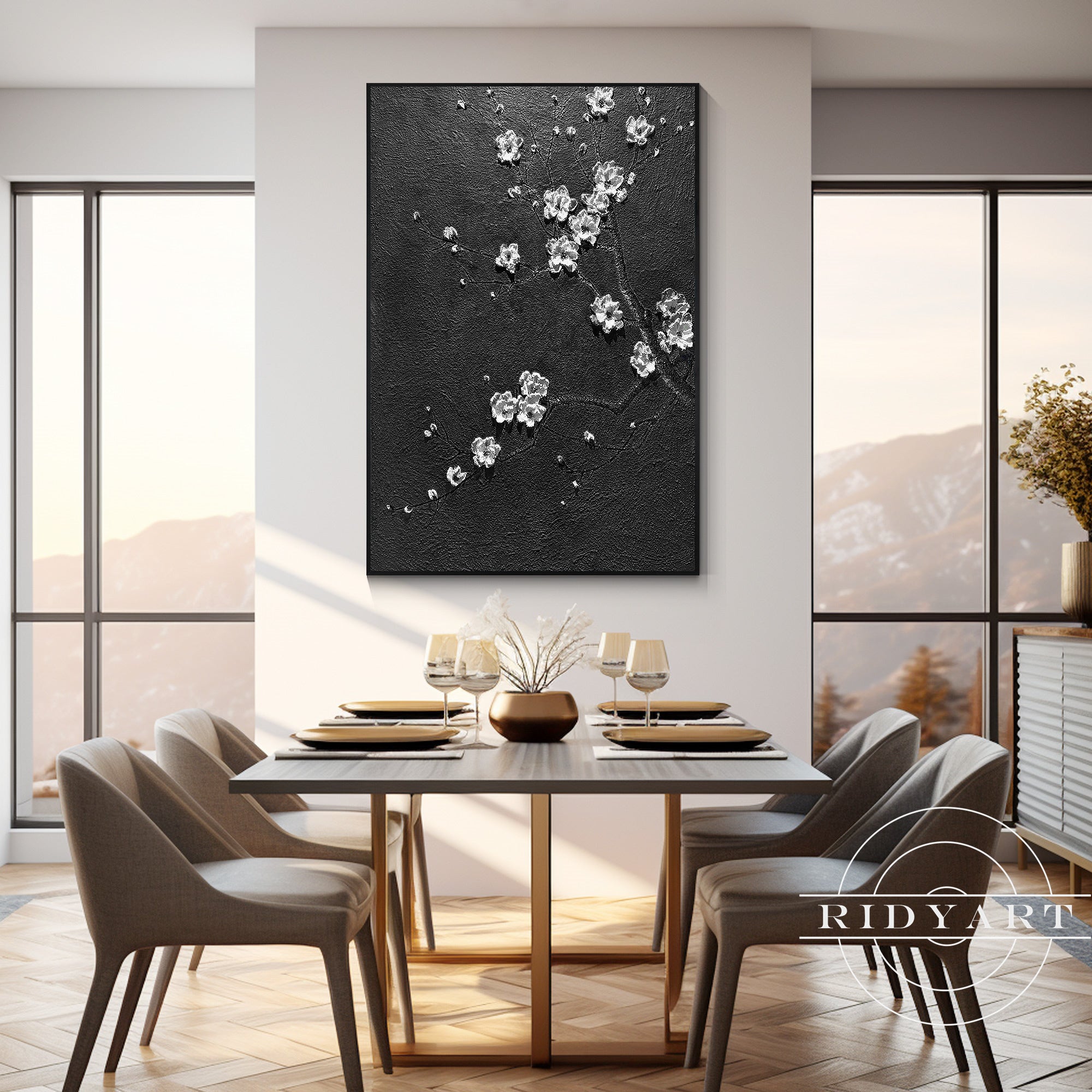 Black White 3D White Flower Abstract Textured Painting