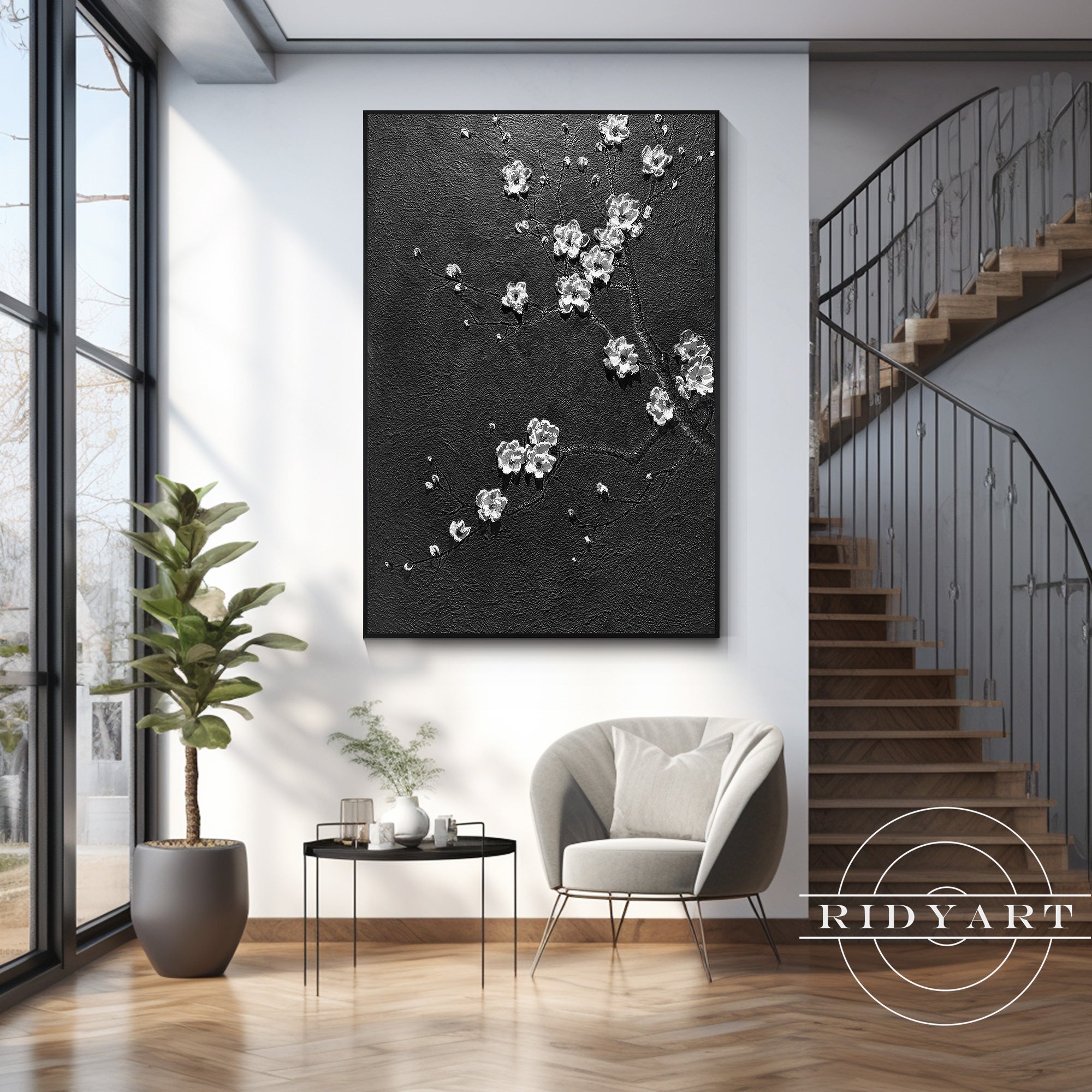 Black White 3D White Flower Abstract Textured Painting