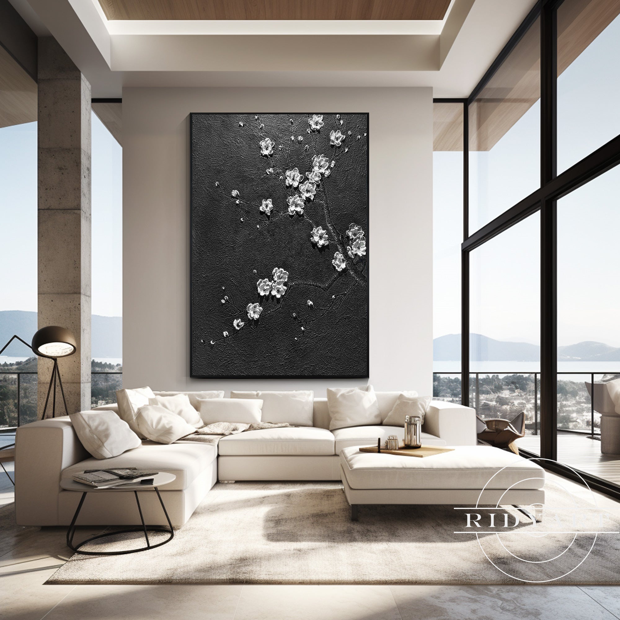 Black White 3D White Flower Abstract Textured Painting