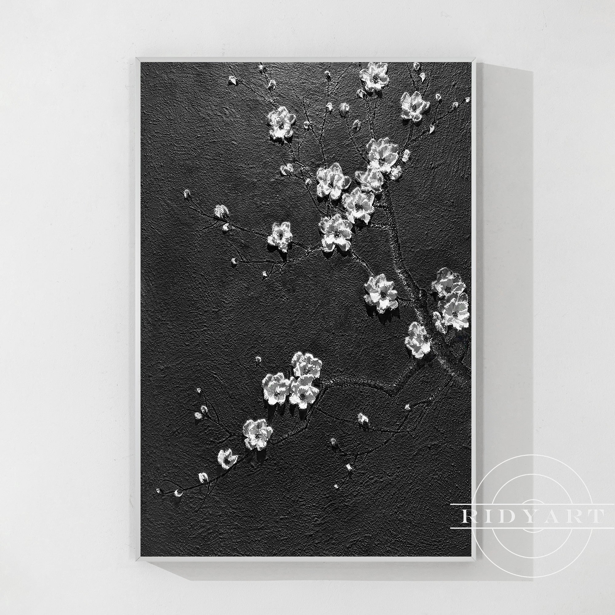 Black White 3D White Flower Abstract Textured Painting