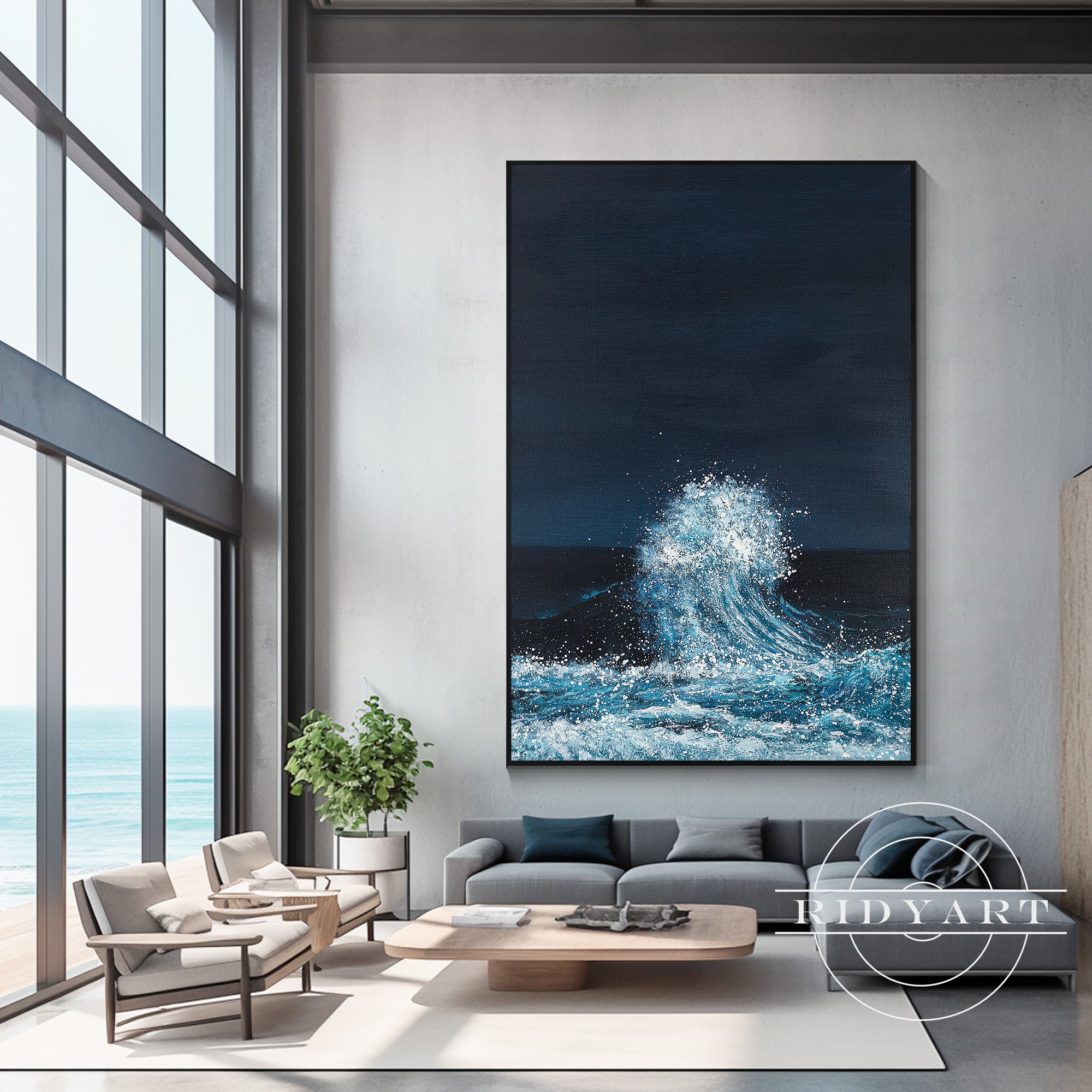 Hand-painted navy blue  abstract textured  ocean wall art for modern home decor