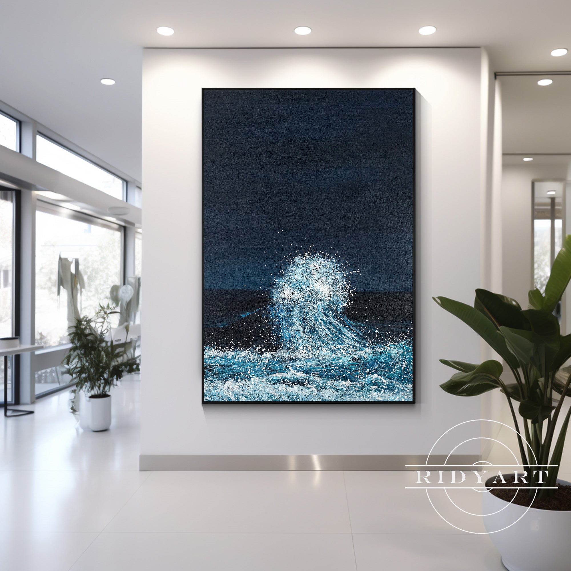 Hand-painted navy blue  abstract textured  ocean wall art for modern home decor