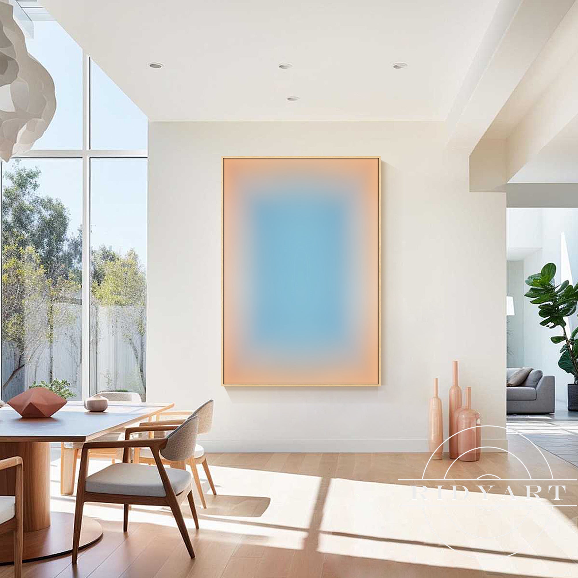 Modern abstract canvas featuring smooth blue and beige color transition