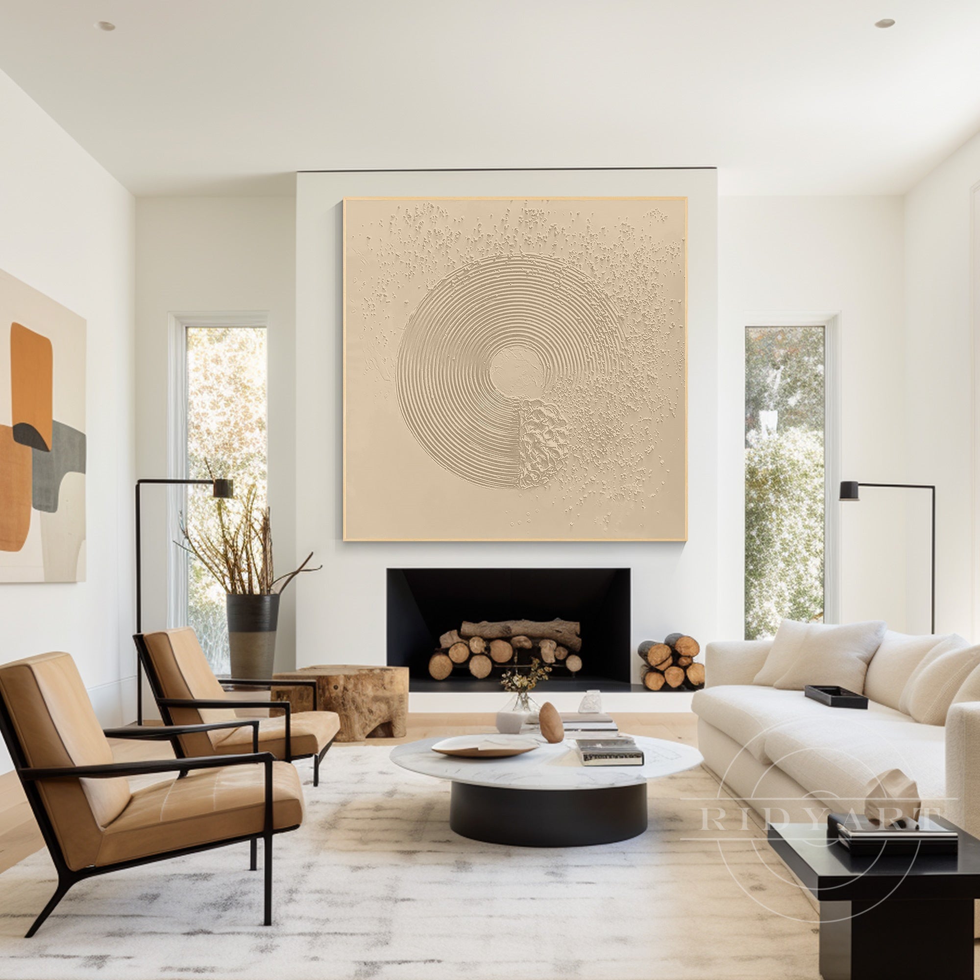 Beige wabi sabi enso circle textured canvas wall art