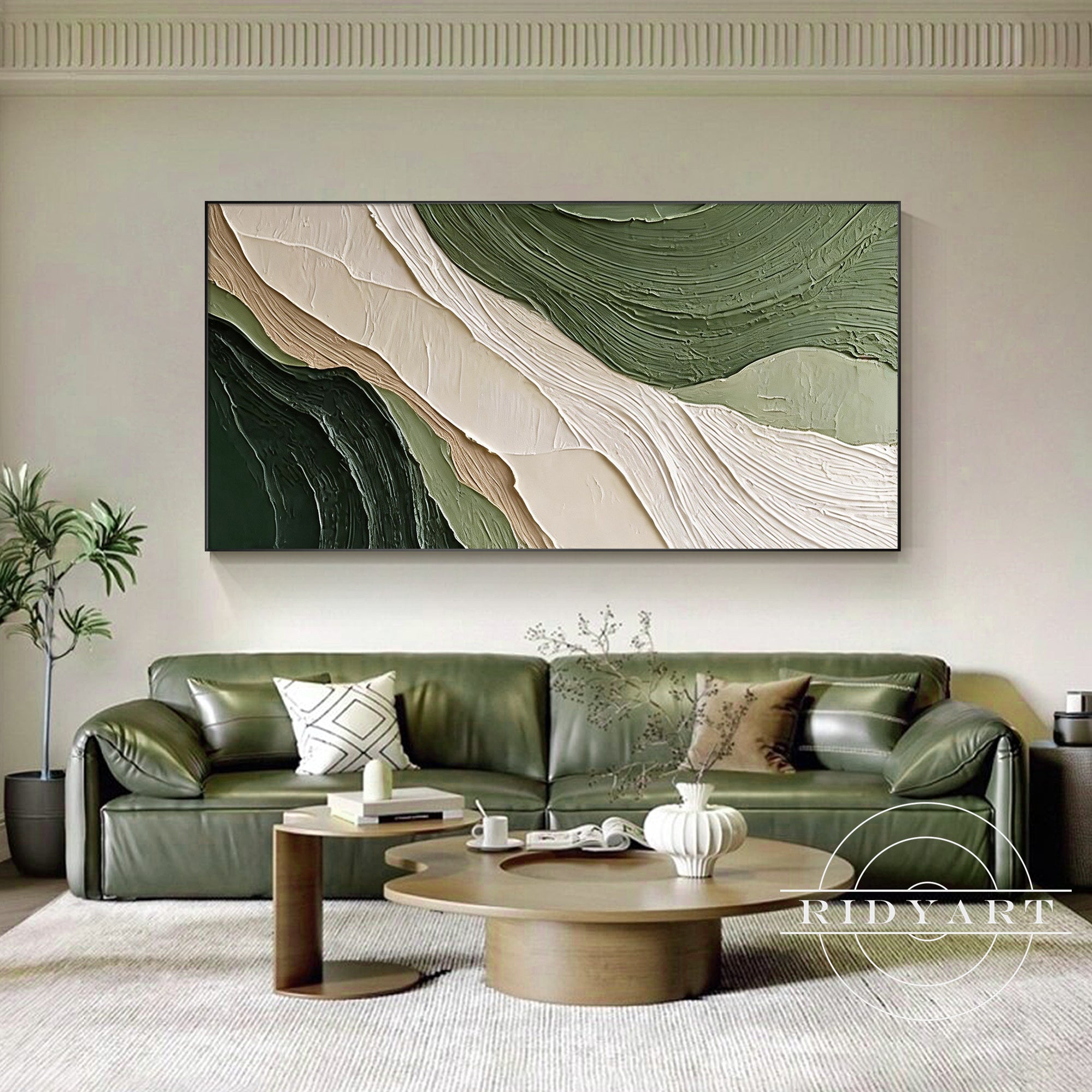 Green abstract textured wall art above sofa